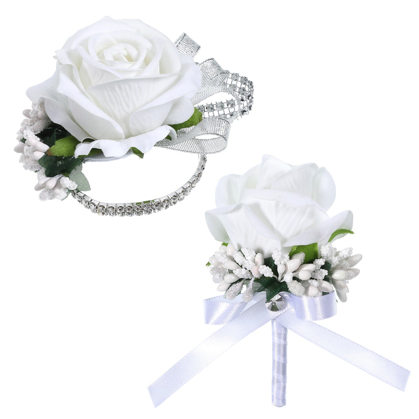 Lusofie 2 Pcs White Rose Corsage and Boutonniere Set Corsage Wristlet Prom Flower Wrist Corsage Rhinestones Corsage Wristlet Band for Wedding Prom Homecoming