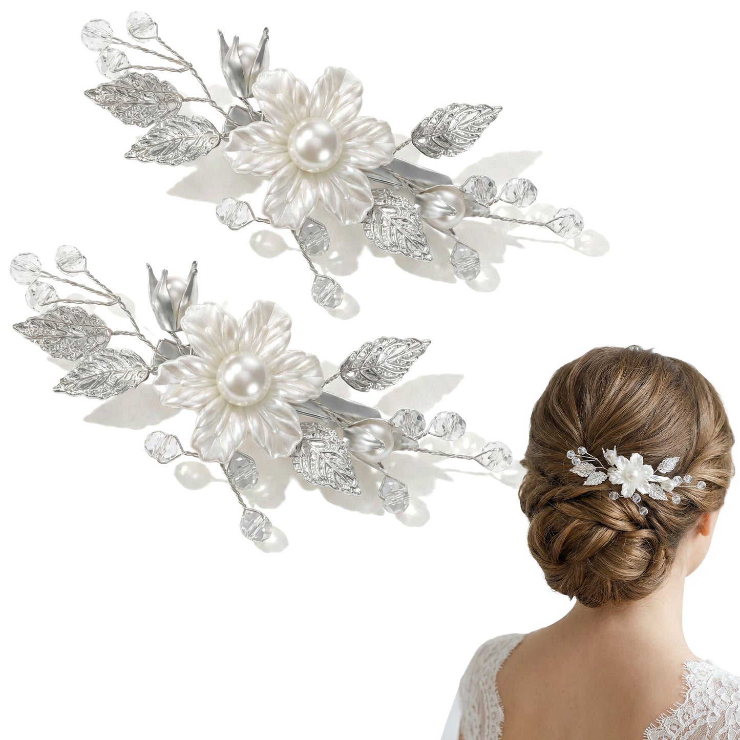 2Pcs Pearl Flower Hair Clips Silver Leaf Vine Wedding Hair Clip Rhinestone Bridal Hair Clips Elegant Flower Barrettes for Women Wedding Hair Piece Party