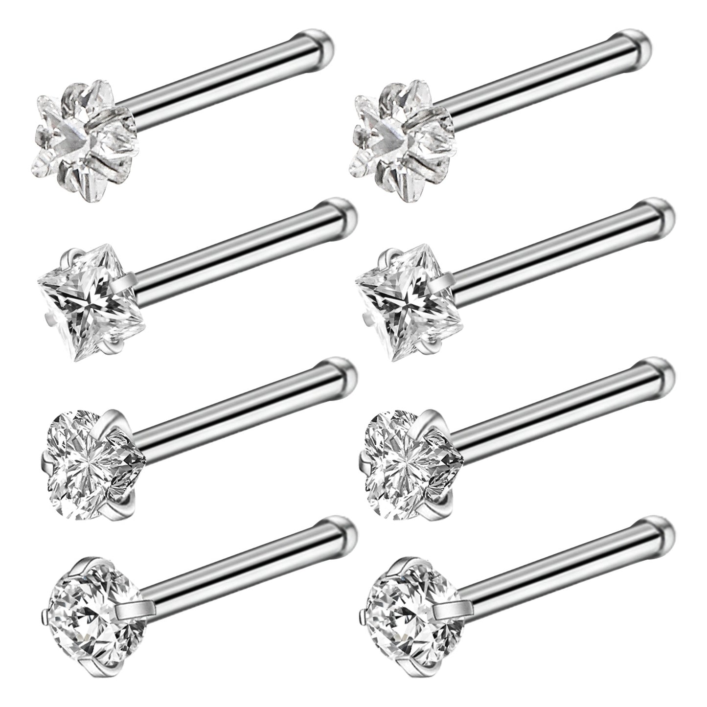 Josojoou 8Pcs 20G/0.88MM Nose Rings Studs 316L Surgical Stainless Steel with Slive Plated Nose Studs AAA+ Cubic Zircon Straight Nose Piercing Jewelry for Women Men