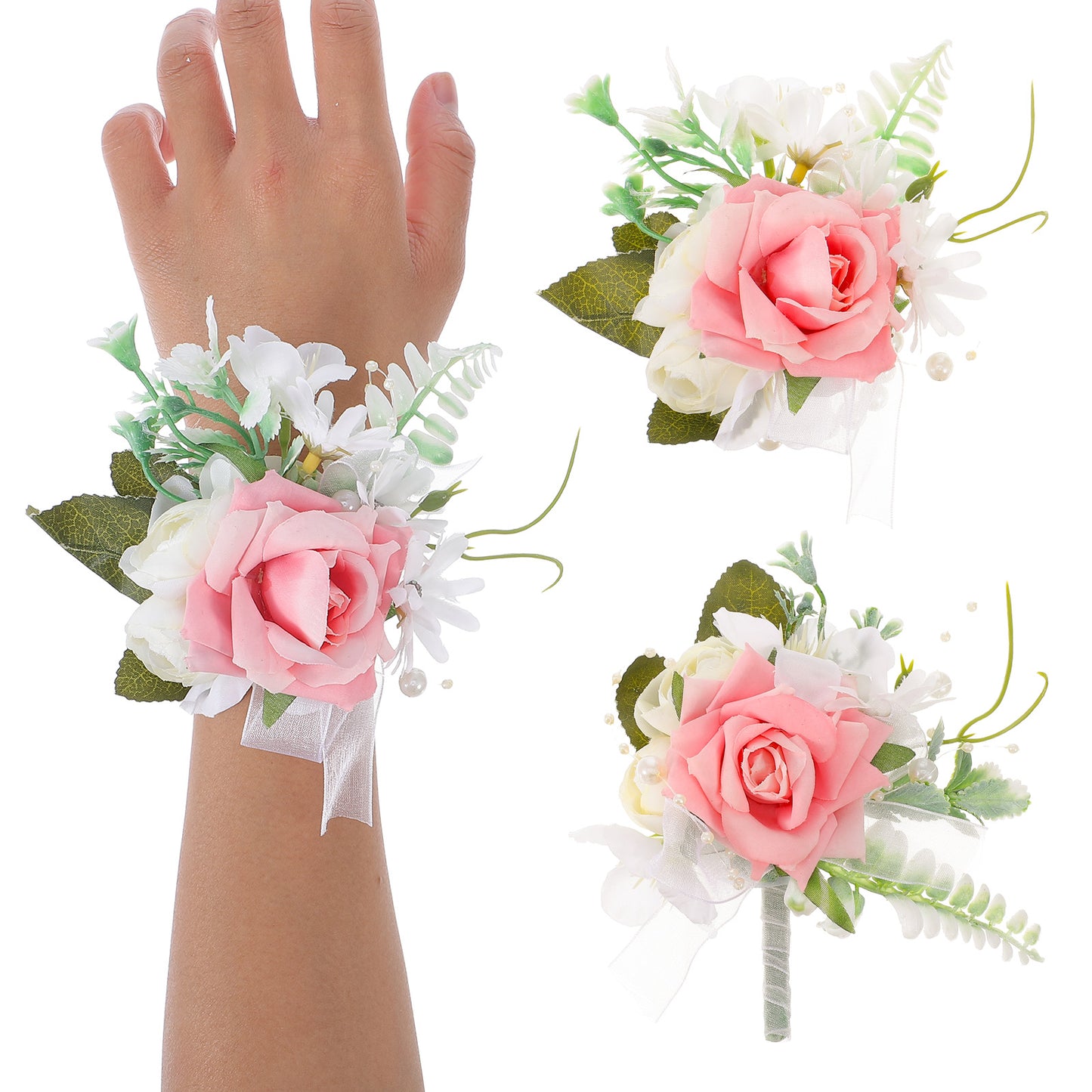 Neyauo 2 Pcs Pink Wrist Corsage and Boutonniere Set Artificial Rose Corsage Wristlet and Boutonniere for Bride Groom Bridesmaids Groomsmen Wedding Homecoming Flowers Prom Party Suit Accessories