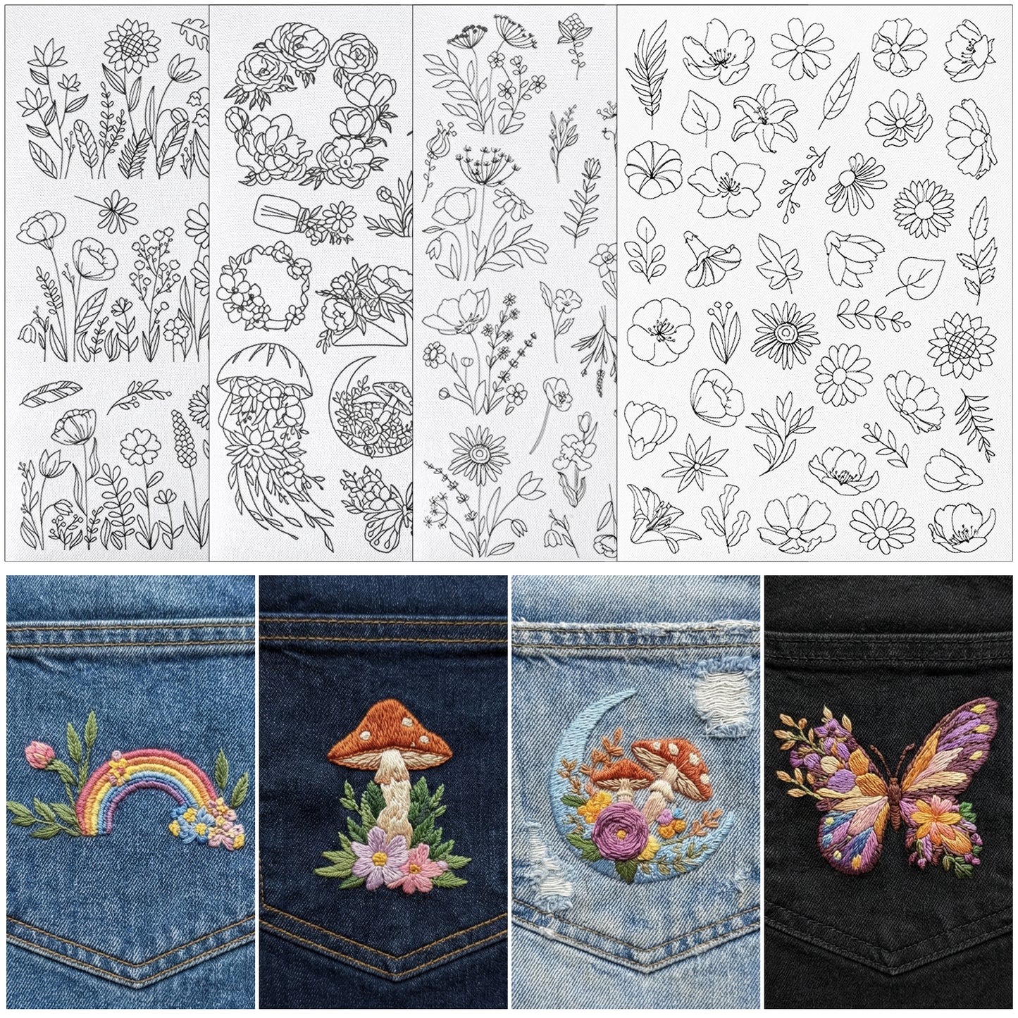 Water Soluble Embroidery Patterns Stabilizers, Pre-Printed Floral Designs, Stick and Stitch Paper, Set of 8 Sheets, 210 Pcs, for Hand Sewing