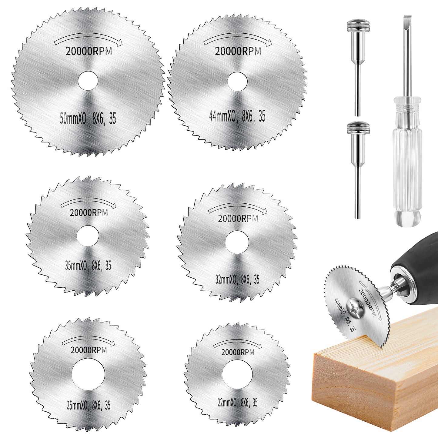 Cutting Wheels Set for Rotary Tool 6Pcs HSS Saw Disc Wheel Cutting Blades with 2Pcs 1/8" Round Shank,1Pcs 1/4" Round Shank for Wood Glass Plastic Stone Metal