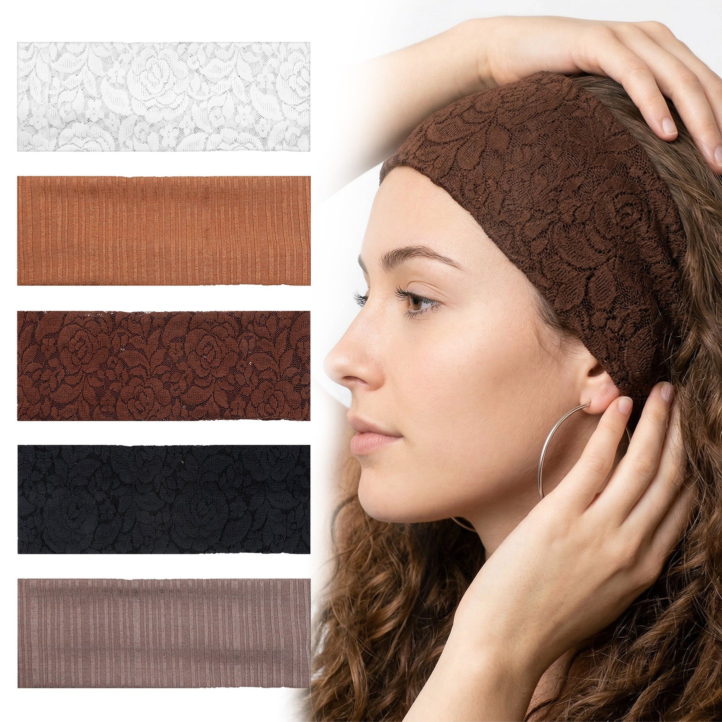 5 Pcs Soft Stretchy Fabric Headbands, Lace Headbands for Women, Elastic Material One Size Comfortable Daily Wear Hair Accessory, Cute Head Bands for Women's Hair Fashion Hairbands