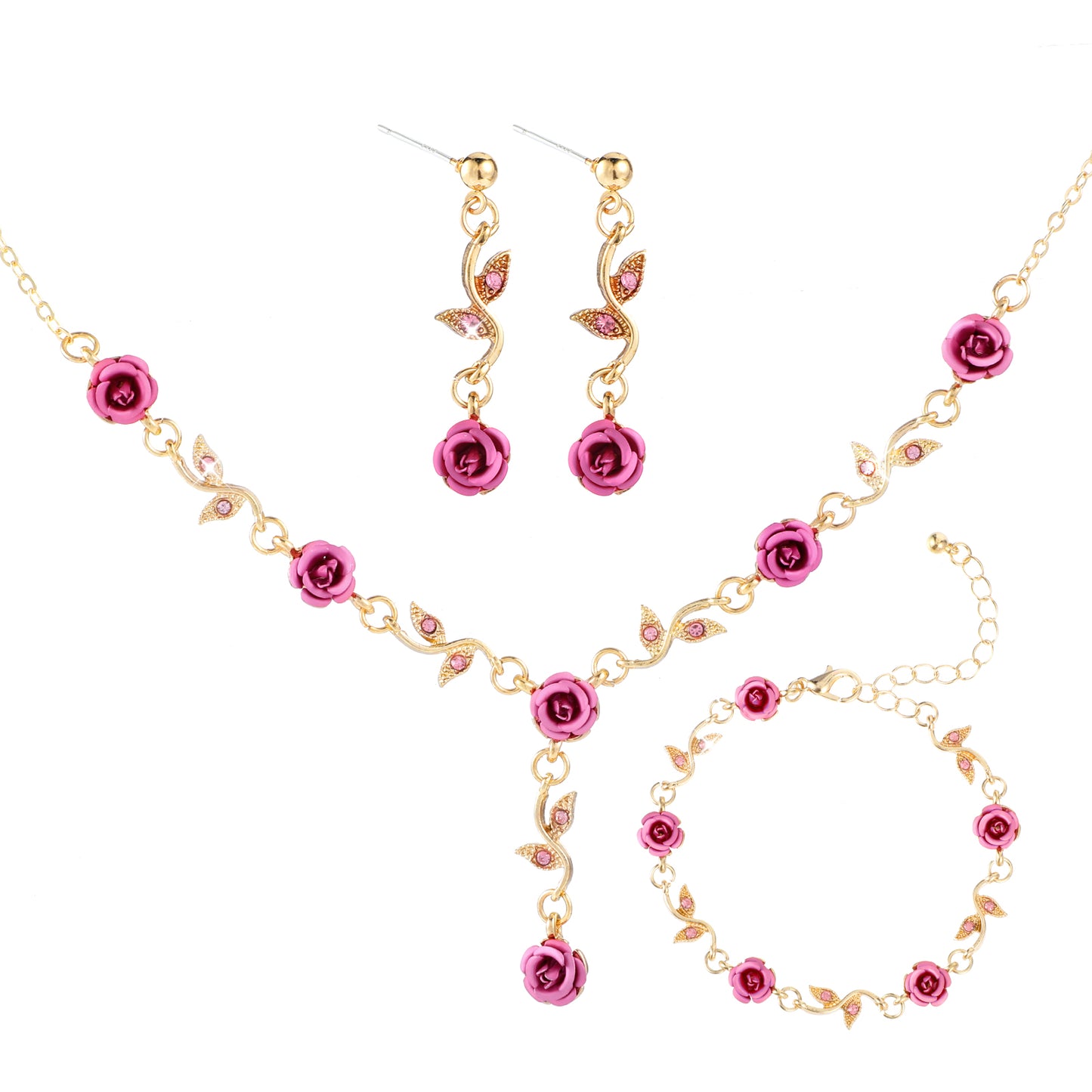 Yolev Rose Flower Pendant Necklace, Bracelet Dangle Earrings.Bracelet Flower Jewelry Dangle Earrings Set For Valentine's Day Mother's Day Gifts Wedding Gifts
