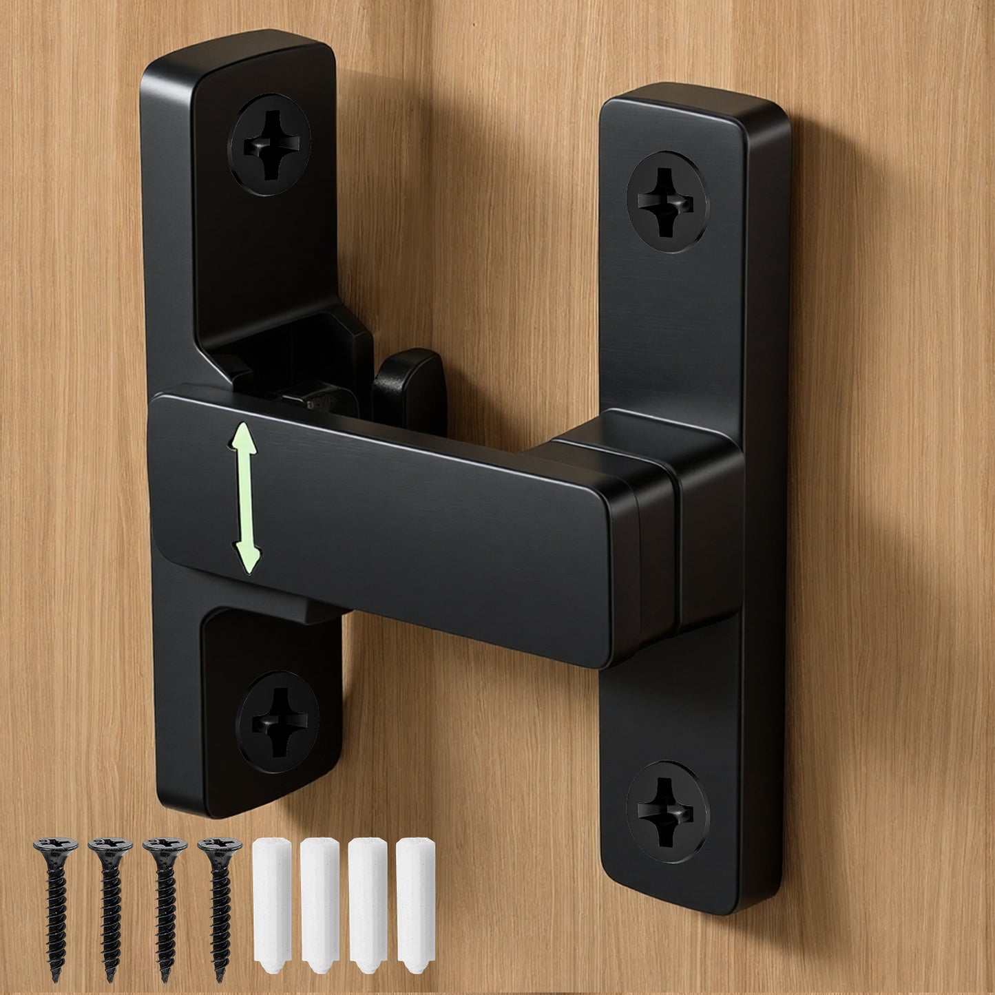Barn Door Lock, 90/180 Degree Flip Gate Latches, Black Zinc Alloy Night Glow Latch for Sliding Doors, Bathroom, Garage, Garden, Window, 1PC