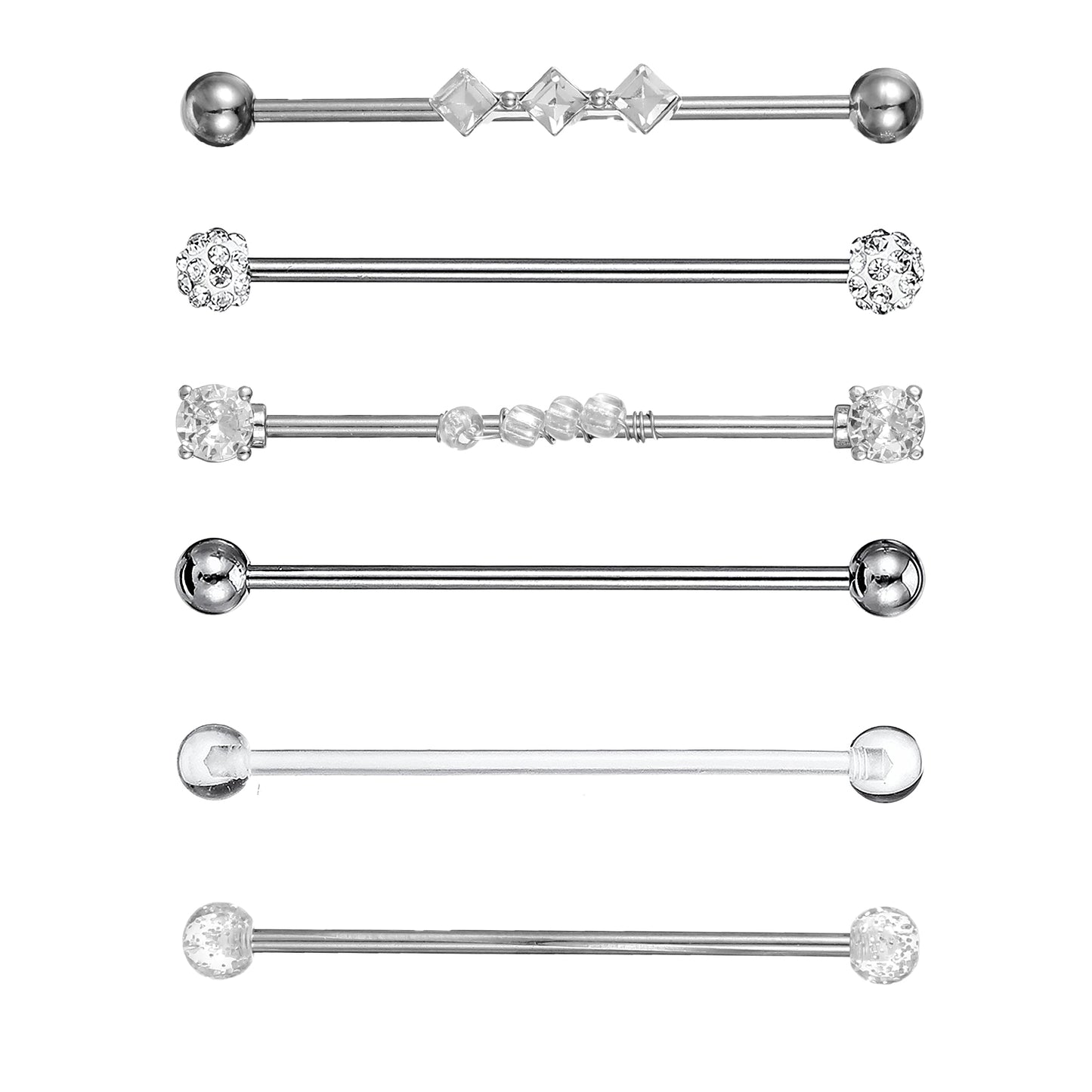 Tucnoeu 6pcs Industrial Piercing Jewelry, Cartilage Helix Piercing Earring, Surgical Steel Industrial Barbell Earrings, Silver for Women Men