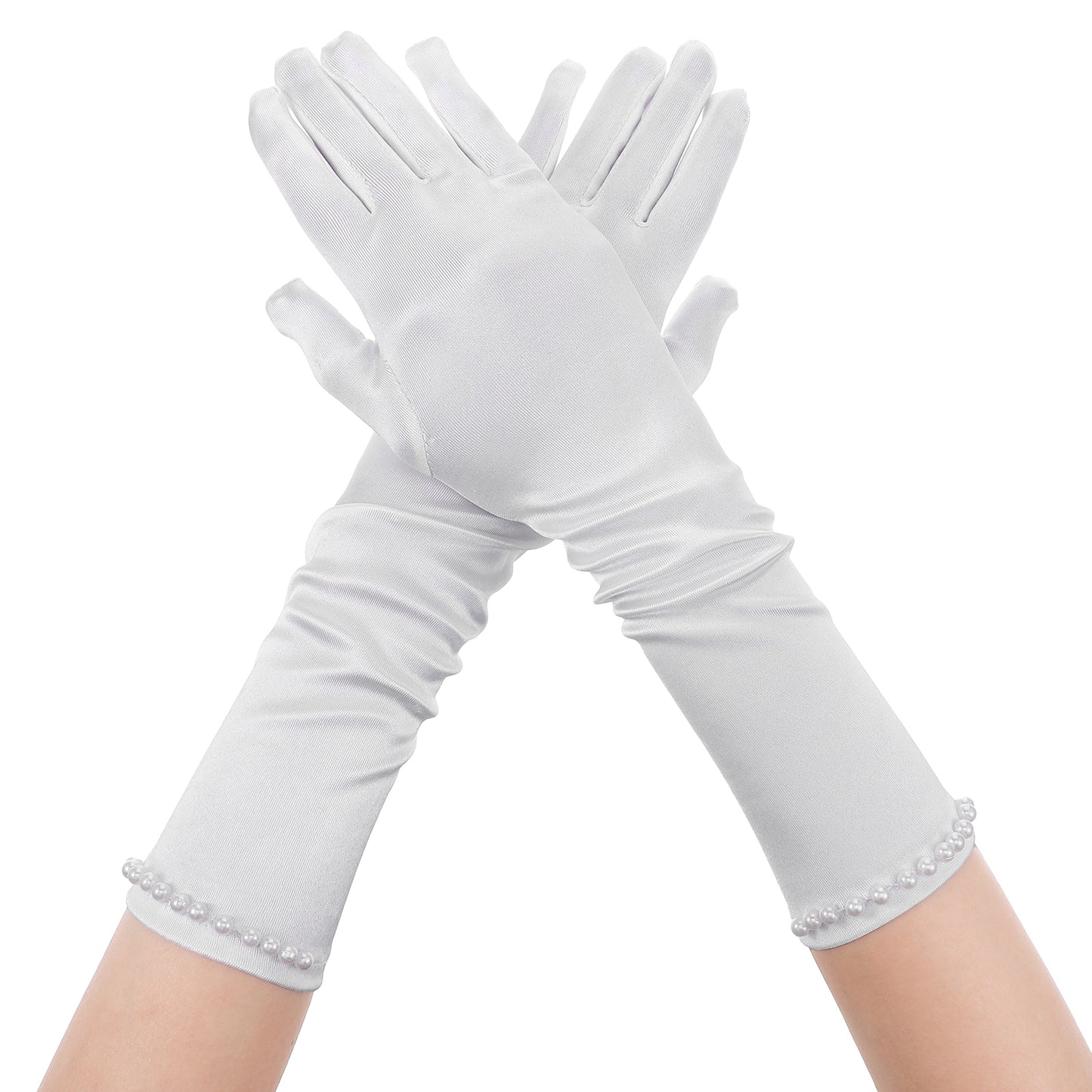HekouJiub Long White Gloves for Girls, Princess Gloves with Pearls, Long White Glove for Children'S Parties, Weddings, Birthdays, And Other Occasions