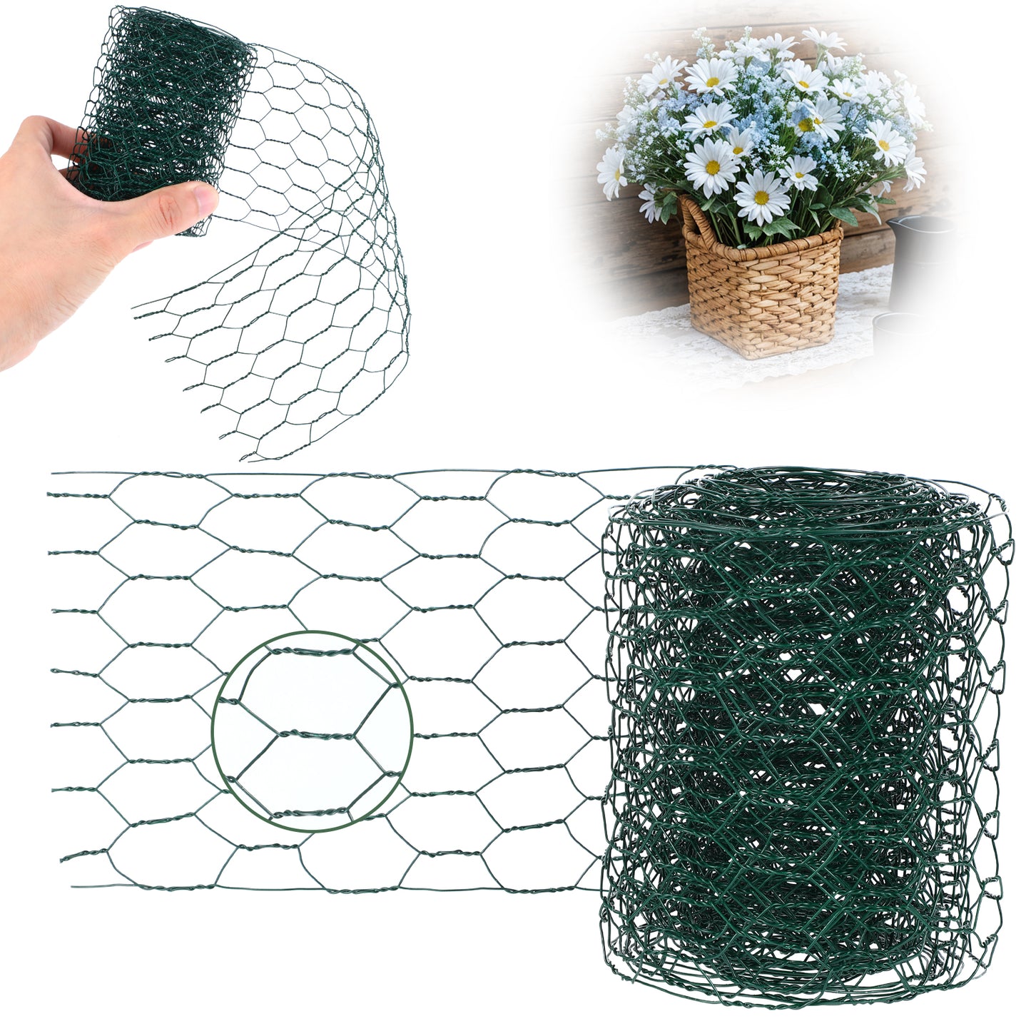Chicken Wire for Floral Arrangements Green Chicken Wire Mesh Netting Hexagonal Iron Wires Fence Floral Wires Netting for Crafts Galvanized Poultry Garden(3.94 x 118 Inch)