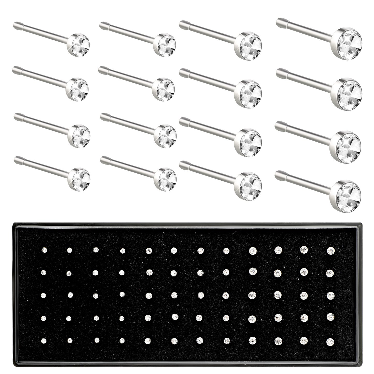 HaiFafafaing 60 Pcs Straight Nose Studs Surgical Steel Small Silver Nose Studs Body Noses Piercing Jewellery With Crystal 1.5mm 2.0mm 2.5mm For Women Men Gift Packaging