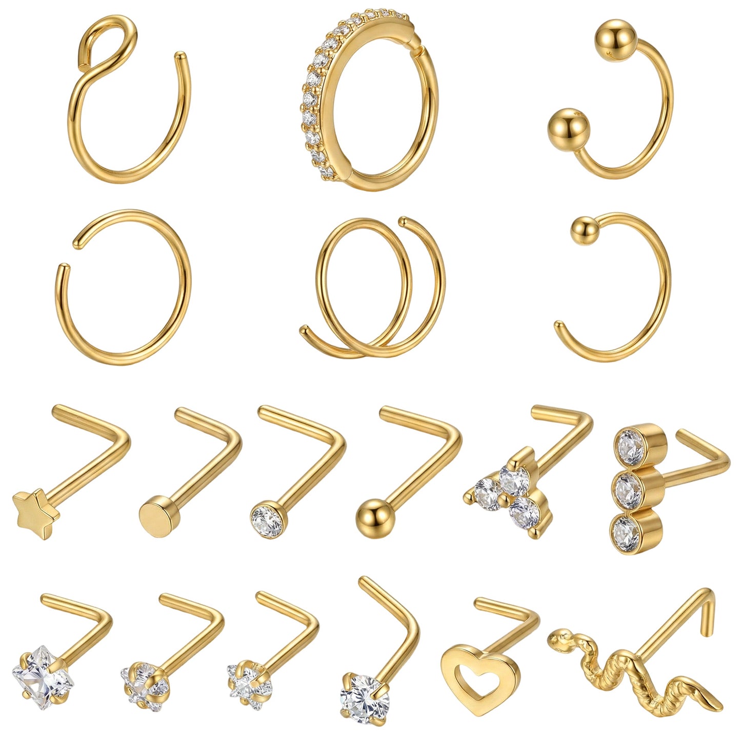 Tucnoeu 20 Gauge Nose Ring Set - 18Pcs 14K Gold Filled Nose Ring Studs & Hoops - Gold Noses Piercing Jewelry for Women & Men