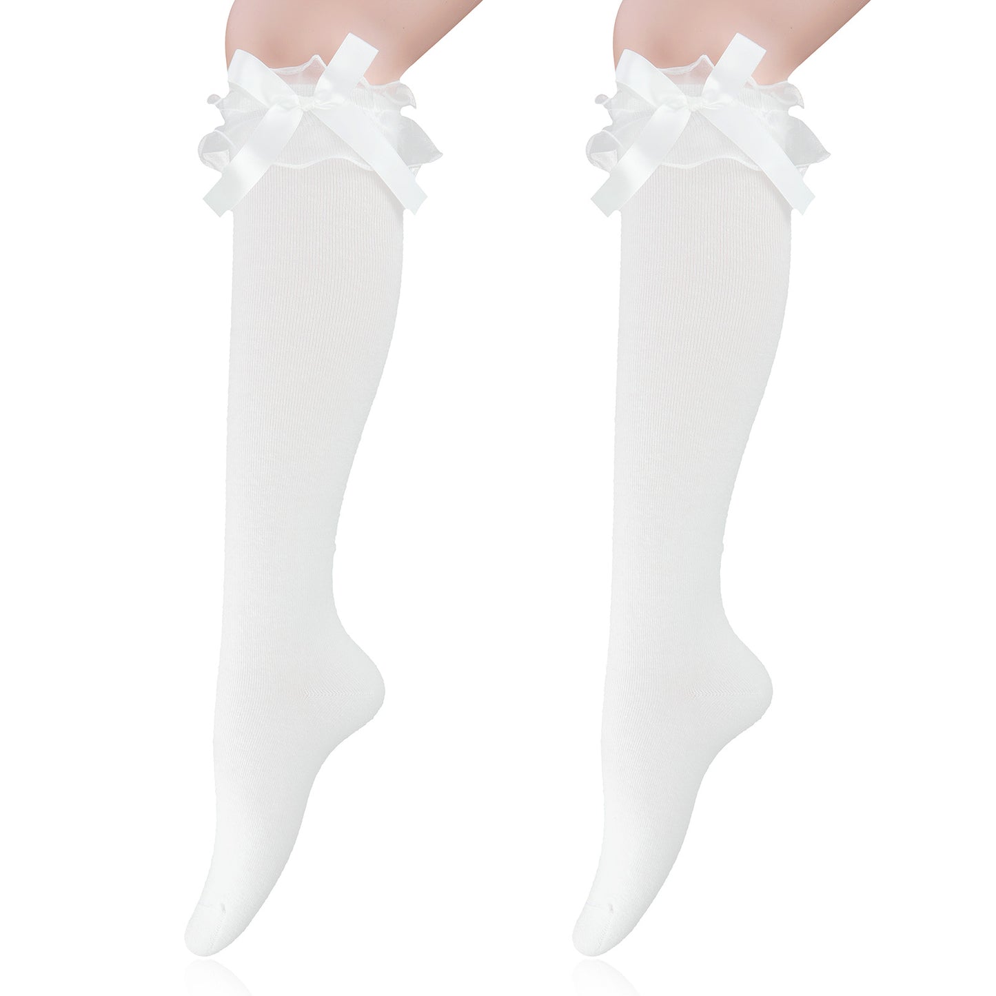Lusofie Lace Knee High Socks with Bow Cute White Knee High Socks For Women Girl with Lace Ruffle Trim for Loli Clothing Accessories