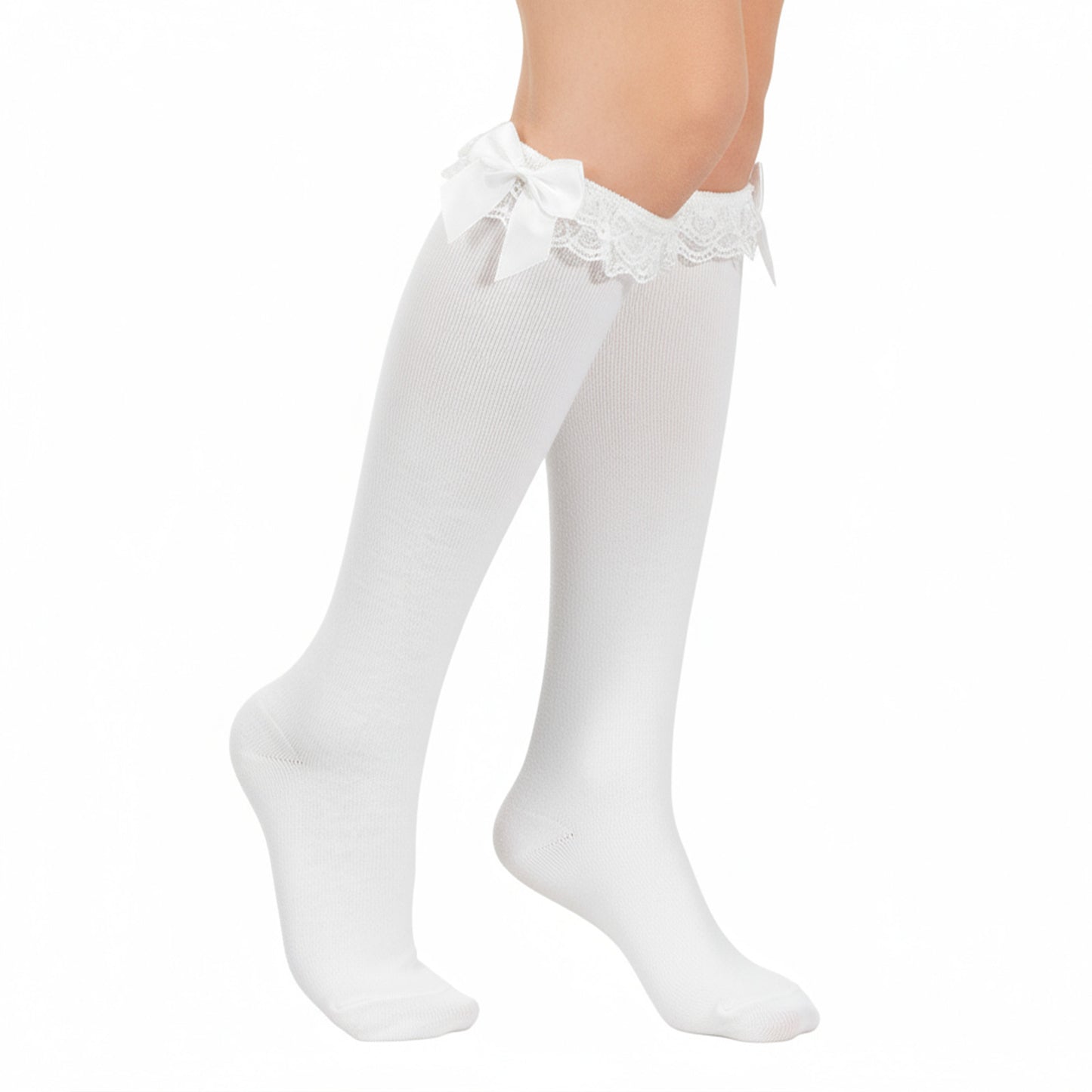 Telooco Lace Knee High Socks with Bow Knee High White Socks White Bow-knot Soft Princess Loli Sock for Daily Wear School Dating Dance Bow Style