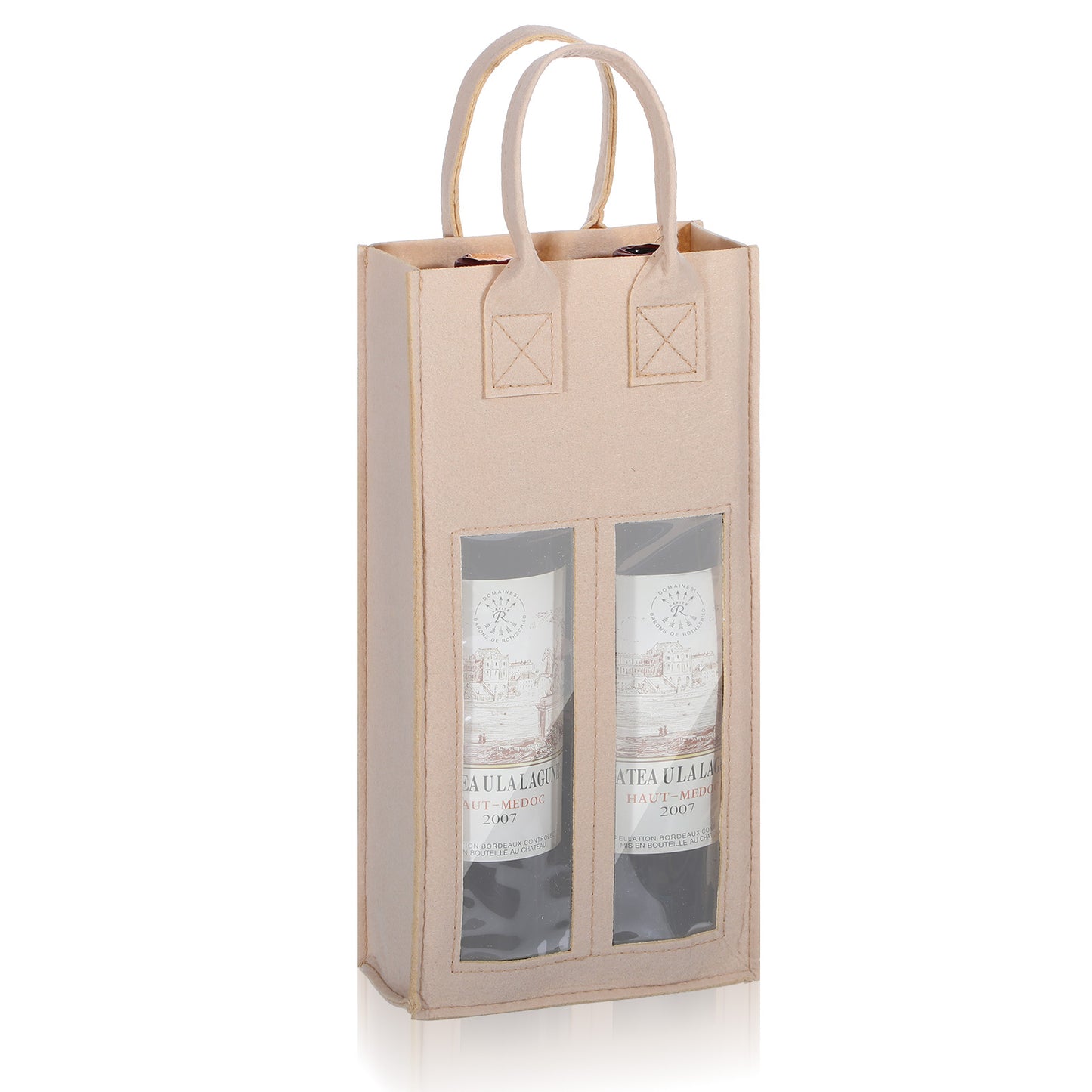 2 Bottles Wine Tote Bag- Khaki Felt Bottle Hanging Bag with Handle Reusable, Wine Bags with Window for Party, Wedding, Holiday, Travel, Wine-Tasting Party