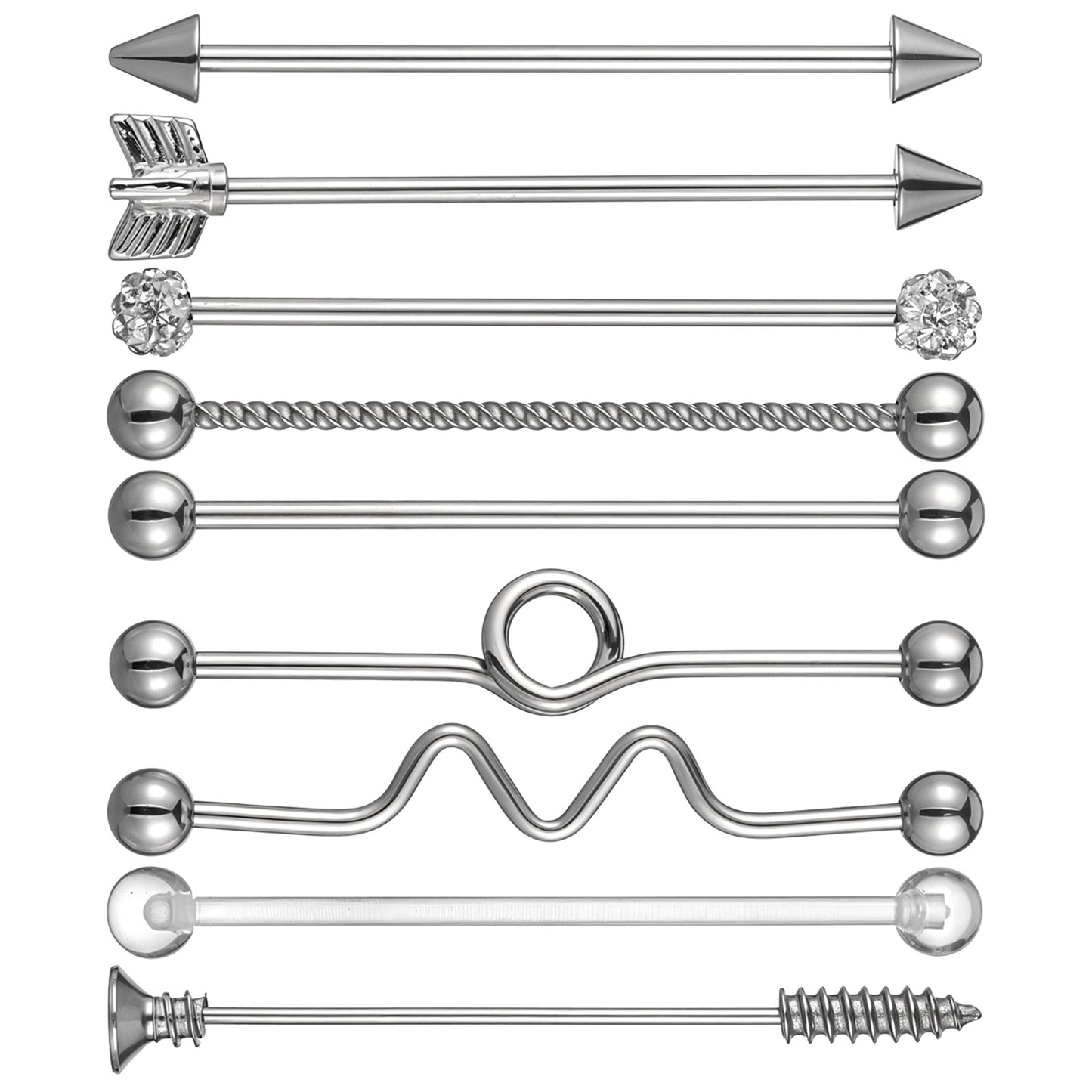 Tucnoeu 9pcs 14G Industrial Piercing Jewelry, Cartilage Helix Piercing Earring, Surgical Steel Industrial Barbell Earrings, Silver for Women Men