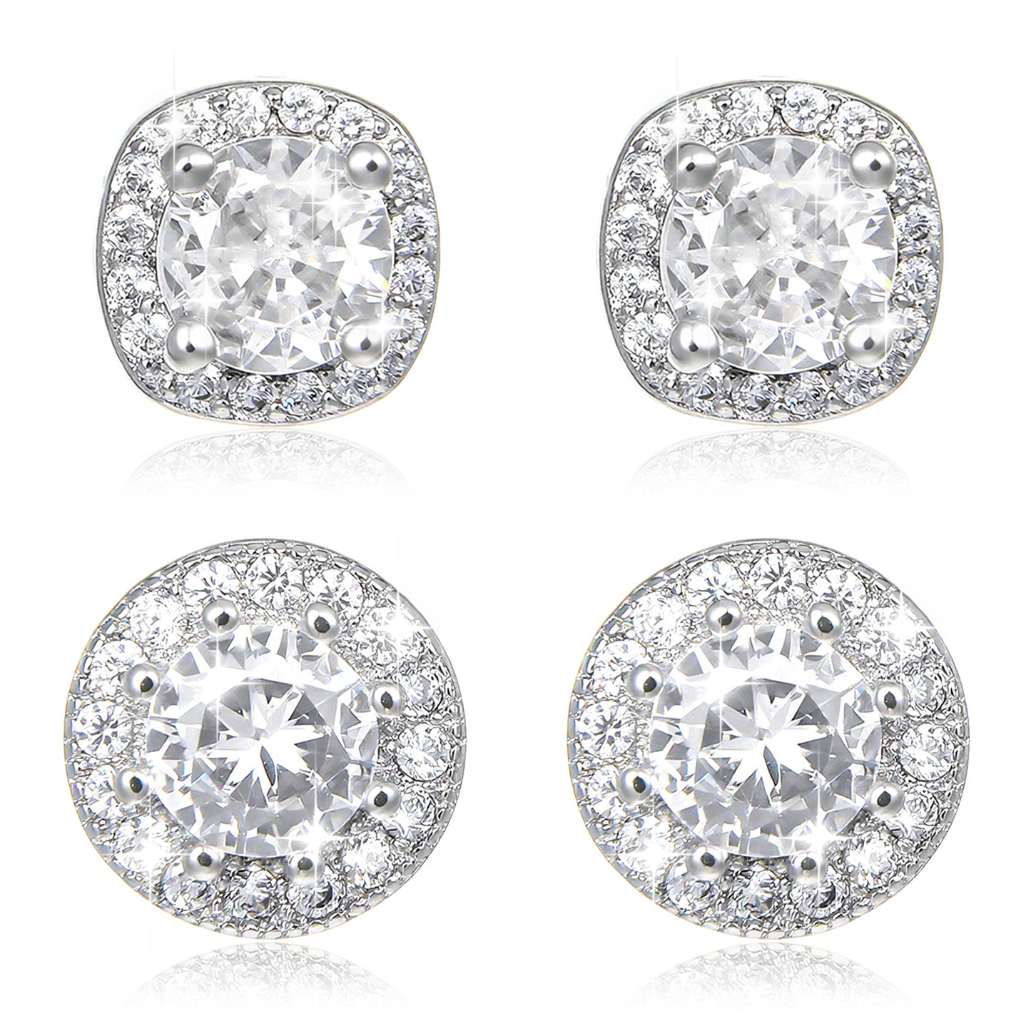 2 Pairs Stud Earrings for Women Cubic Zirconia Mens Earrings Studs 925 Sterling Silver Earrings Round and Square Diamond Earrings for Women Bride Bridesmaid Wedding Party Gifts