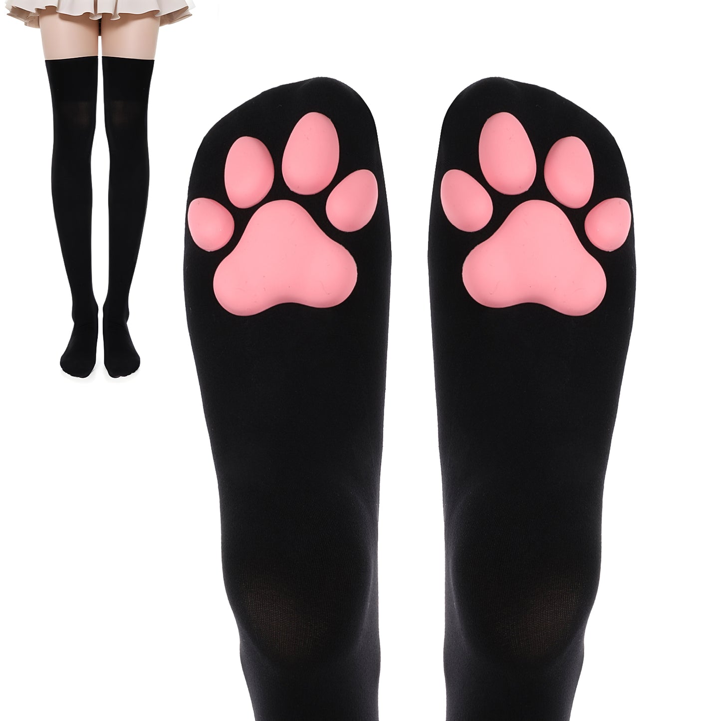Lusofie Cat Paw Socks for Women Black Cute Thigh High Socks Kawaii Soft 3D Cat Sock Toe Beans Knee High Sock for Cosplay Halloween Party