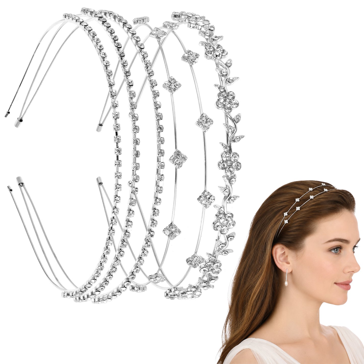 4 Pcs Rhinestone Headbands for Women, Wedding Bridal Headband Silver Crystal Headband Flower Leaves Crown Metal Hair Band Diamond Headbands for Women Birthday Party Wedding Prom Hair Accessories