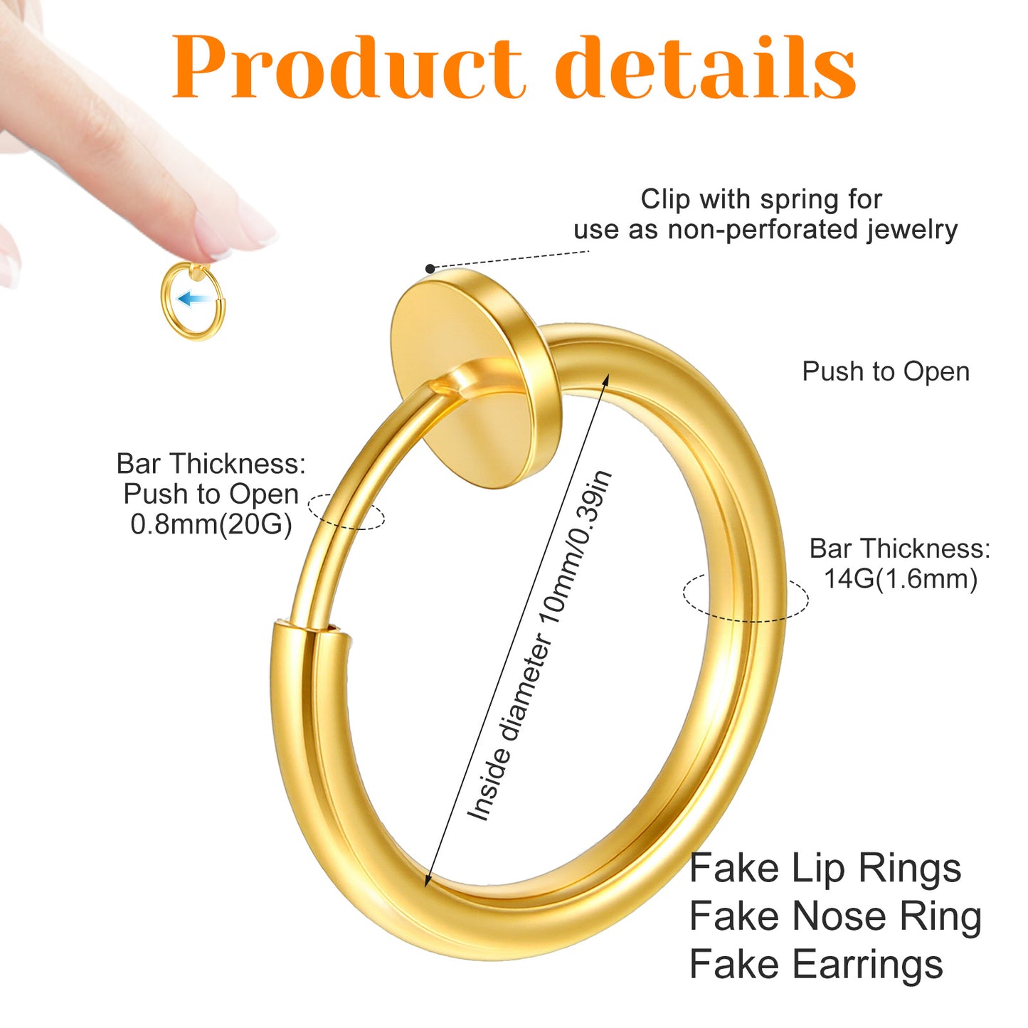 6Pcs clip on nose ring gold faux nose ring for Women double hoop lip cuff 20G 16G Fake Septum lip piercing