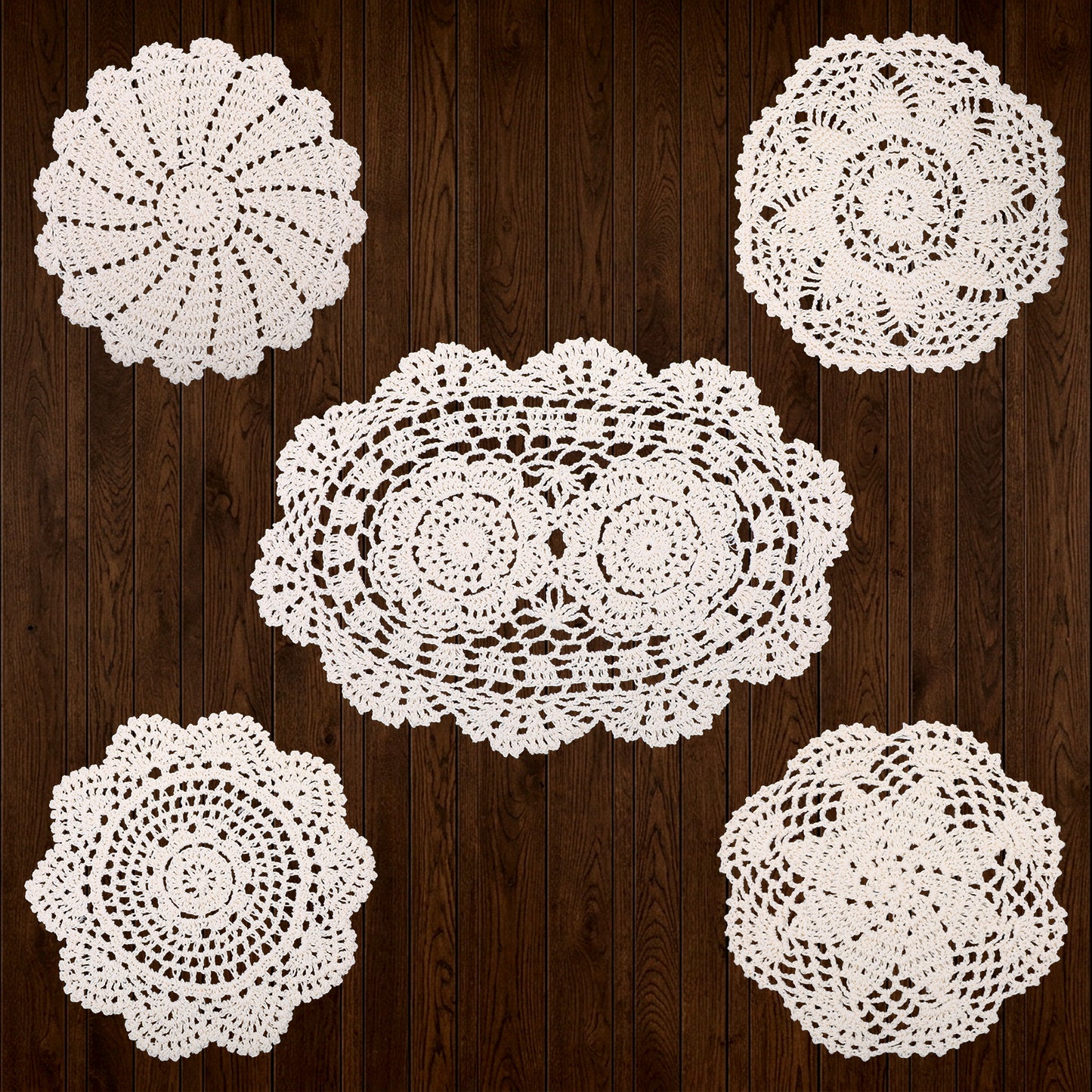 5 Piece Cotton Lace Doilies for Tables, 7 to 14 Inch Handmade Crochet Lace Coasters Doily Round Placemats Rustic Table Doilies Decors for Kitchen Dining Room Party Dressers (Beige)