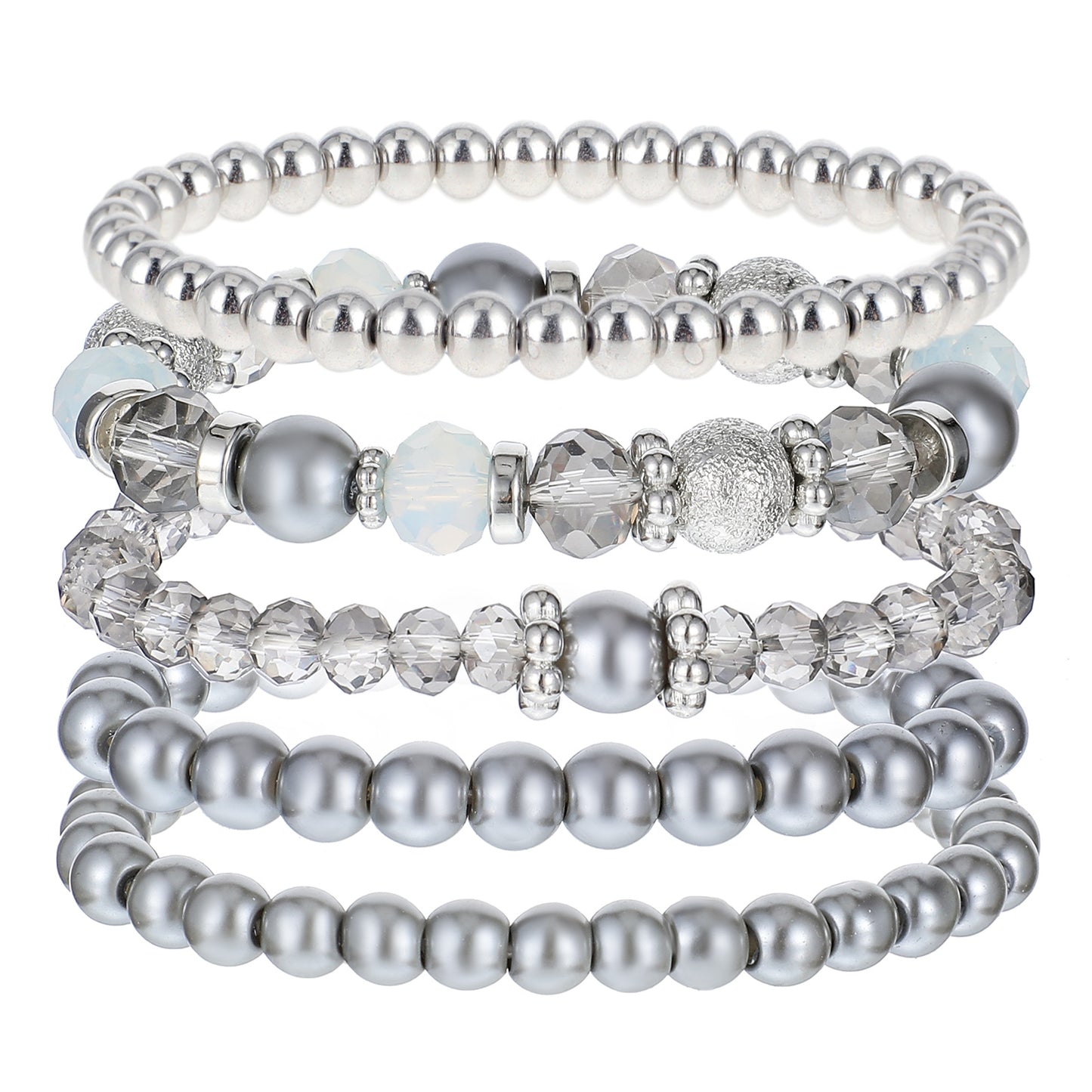DIVINA VITAE 5 Pcs Beaded Stretch Bracelets Grey Stackable Bracelets Crystal Bead Bracelet Boho Beaded Bracelets Stretch Layering Crystal Stone Beaded Bracelets Trendy Costume Jewelry Gifts for Women