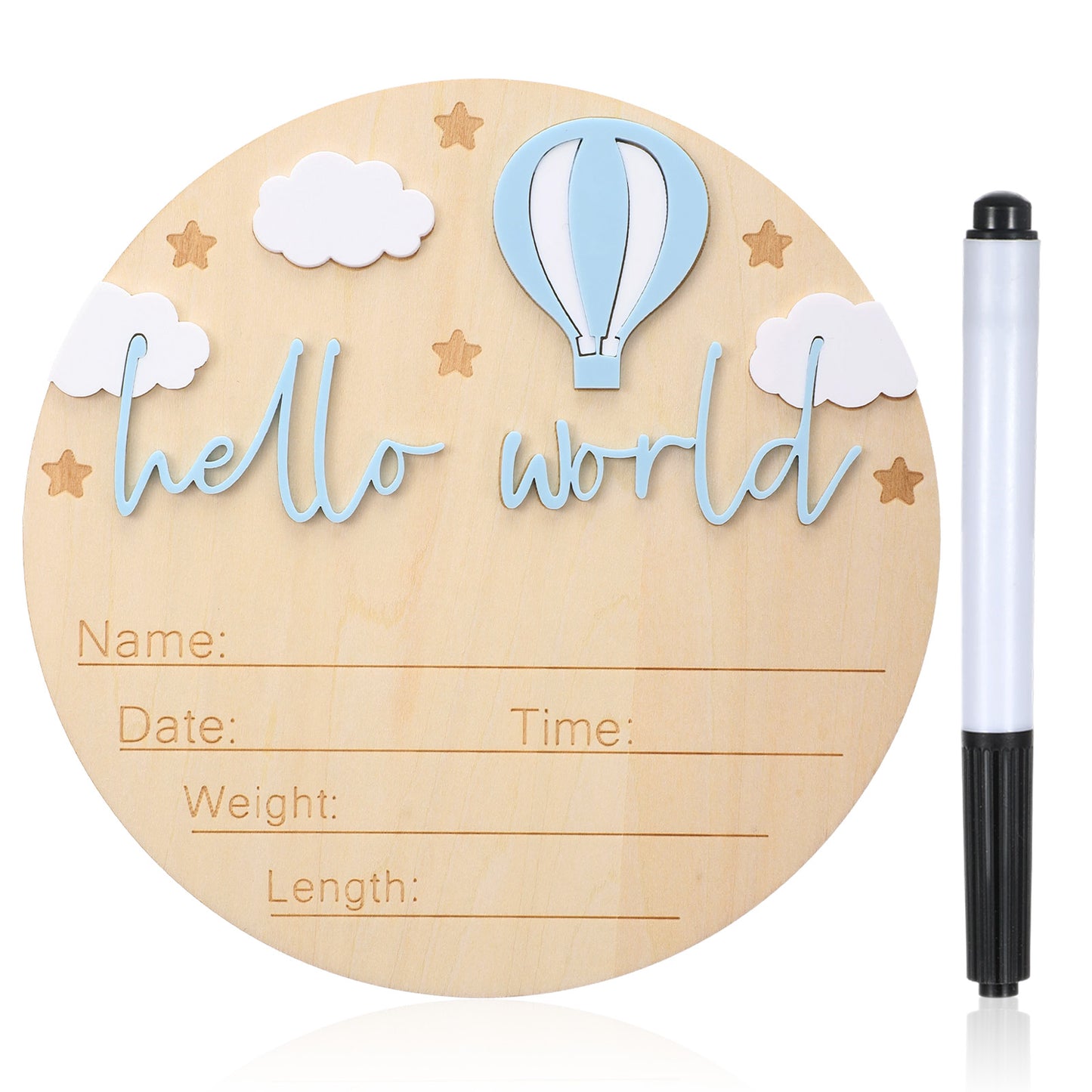 Hello World Newborn Sign with Pen - 6 Inch Wooden Baby Announcement Sign for Hospital Birth Photos, Gender Reveal, Newborn Announcement Signs Keepsake, Hot Air Balloon & Cloud Design (Blue)