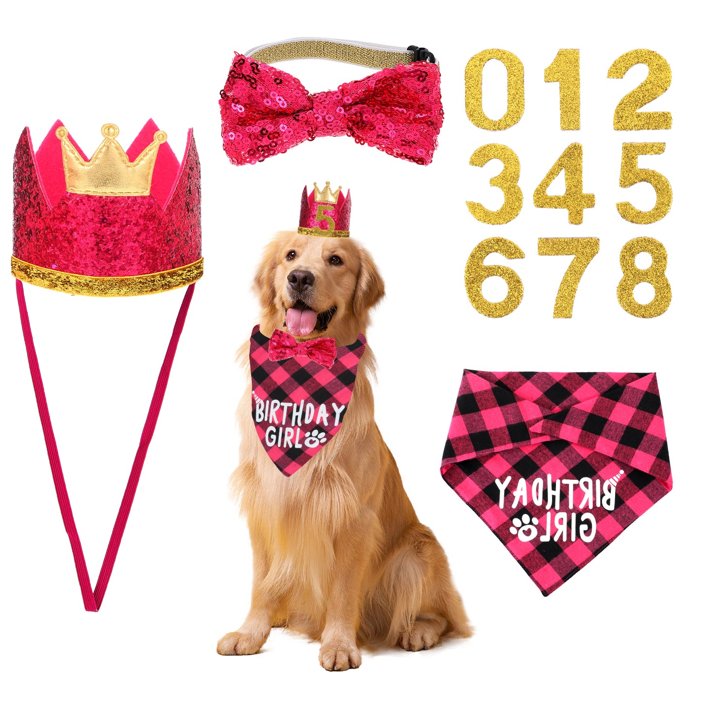 Dog Birthday Hat with Bow Tie Collar and Gold Number,Dogs Birthday Party Supplies Plaid Girl Bandanas with Dog Party for Small Dogs Pets(Rose Red)