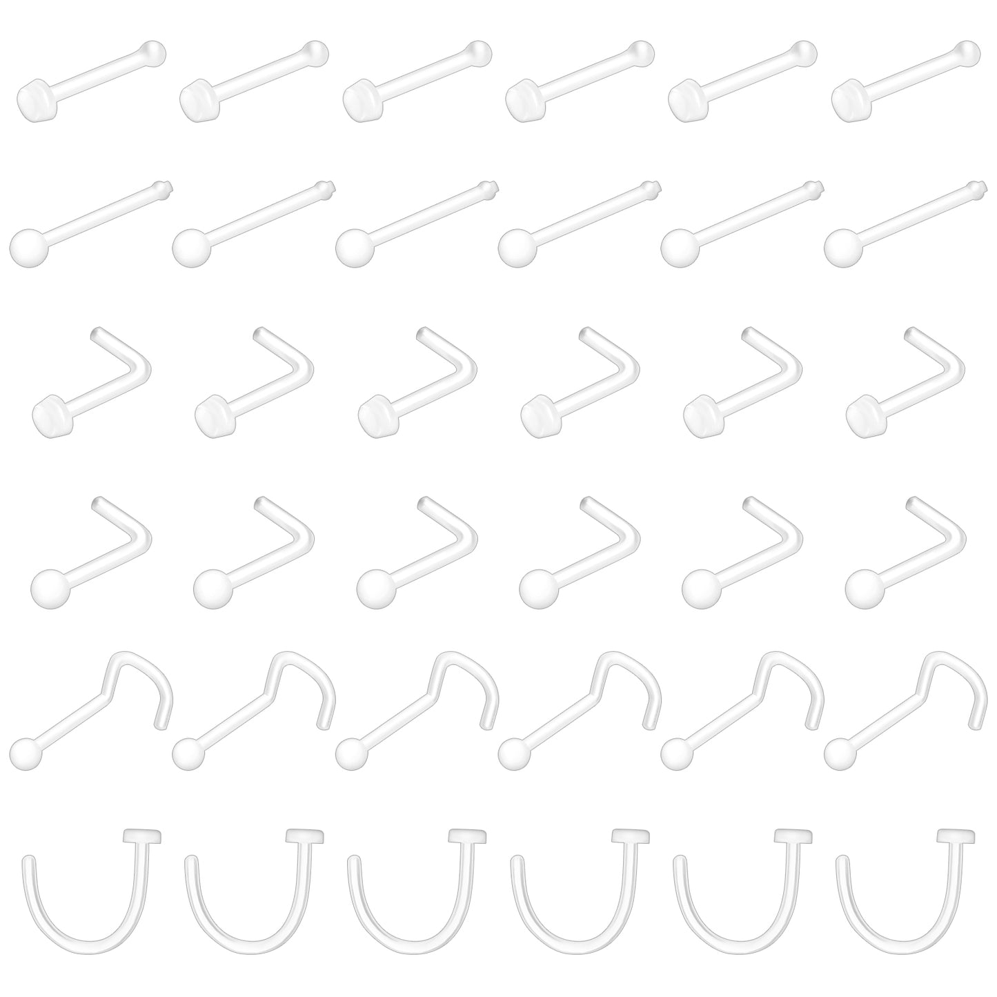 HekouJiub 36Pcs Clear Nose Studs Rings 20G Plastic Retainer Flexible Nose Rings for Work L Shape Flat Top Piercing Spacers Jewelry
