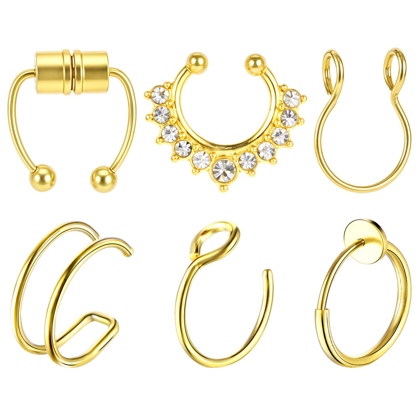 Yolev 6pcs Gold fake septum piercing,Magnetic fake nose ring,Stainless Steel Clip on nose ring,Non-Pierced Septum Piercing for Women Men