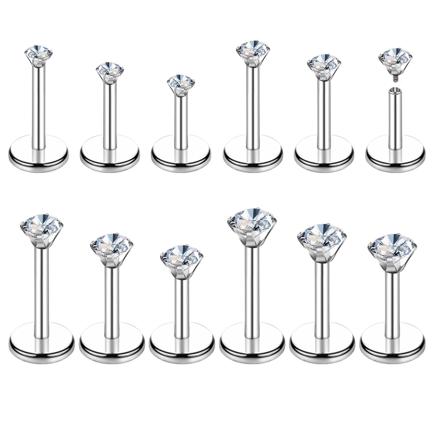 Telooco 12Pcs 18G Flat Back Nose Stud Stainless Steel Internally Threaded Labret Studs Silver Lip Bar Nose Studs Cubic Zirconia Tragus Earrings Medusa Piercing Jewellery 6/8/10mm