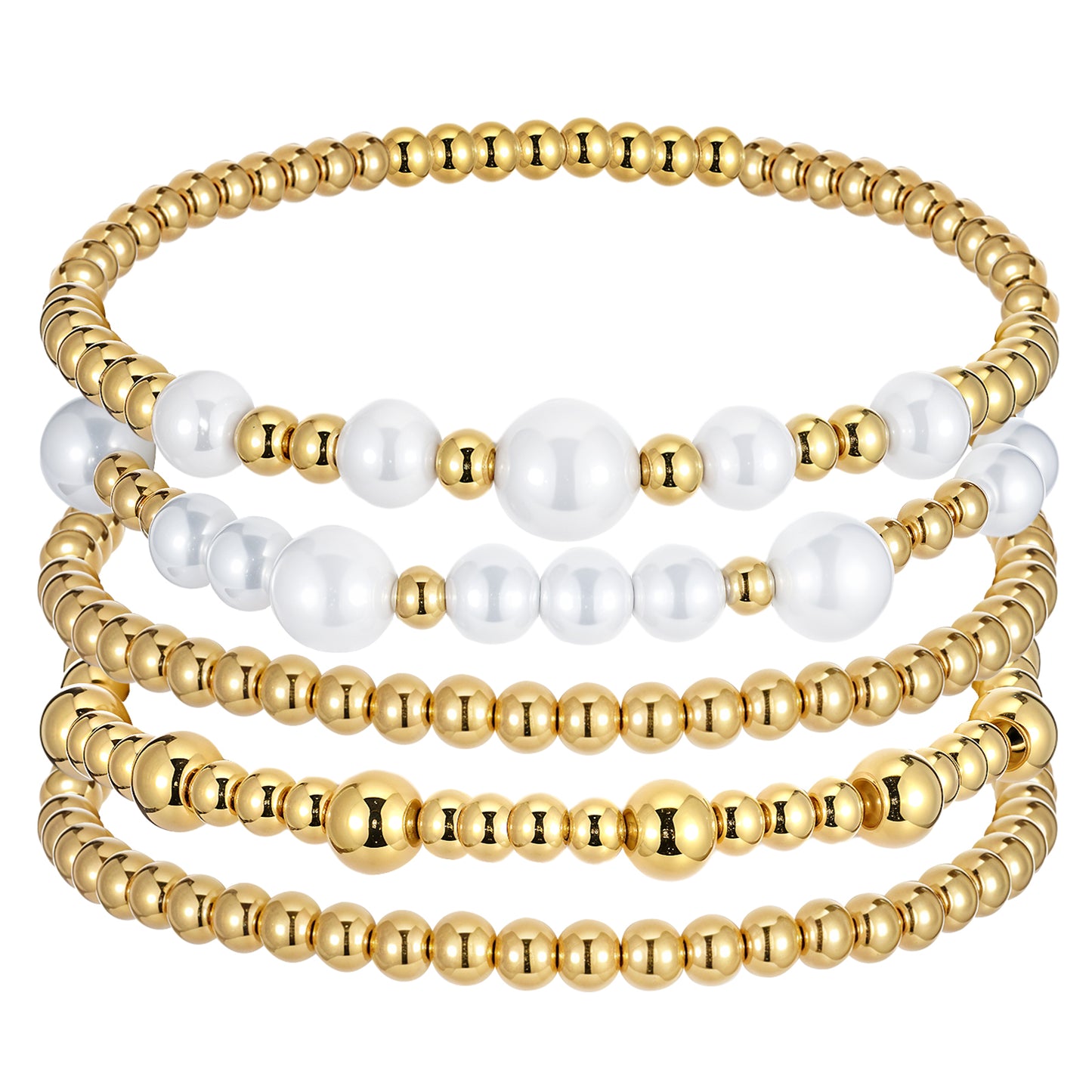 Lusofie 5Pcs Gold Beaded Bracelets for Women, Pearl Bracelet, Stackable Gold Bangles, Trendy Adjustable Gold Stretch Ball Bracelet Set Jewelry