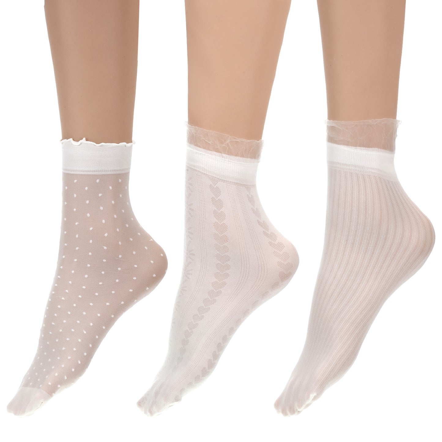 Tucnoeu 9 Pairs White Sheer Ankle Socks, See Through Socks with Striped Heart Dot Patterns, Transparent Polka Dot Sheer Sock for Women