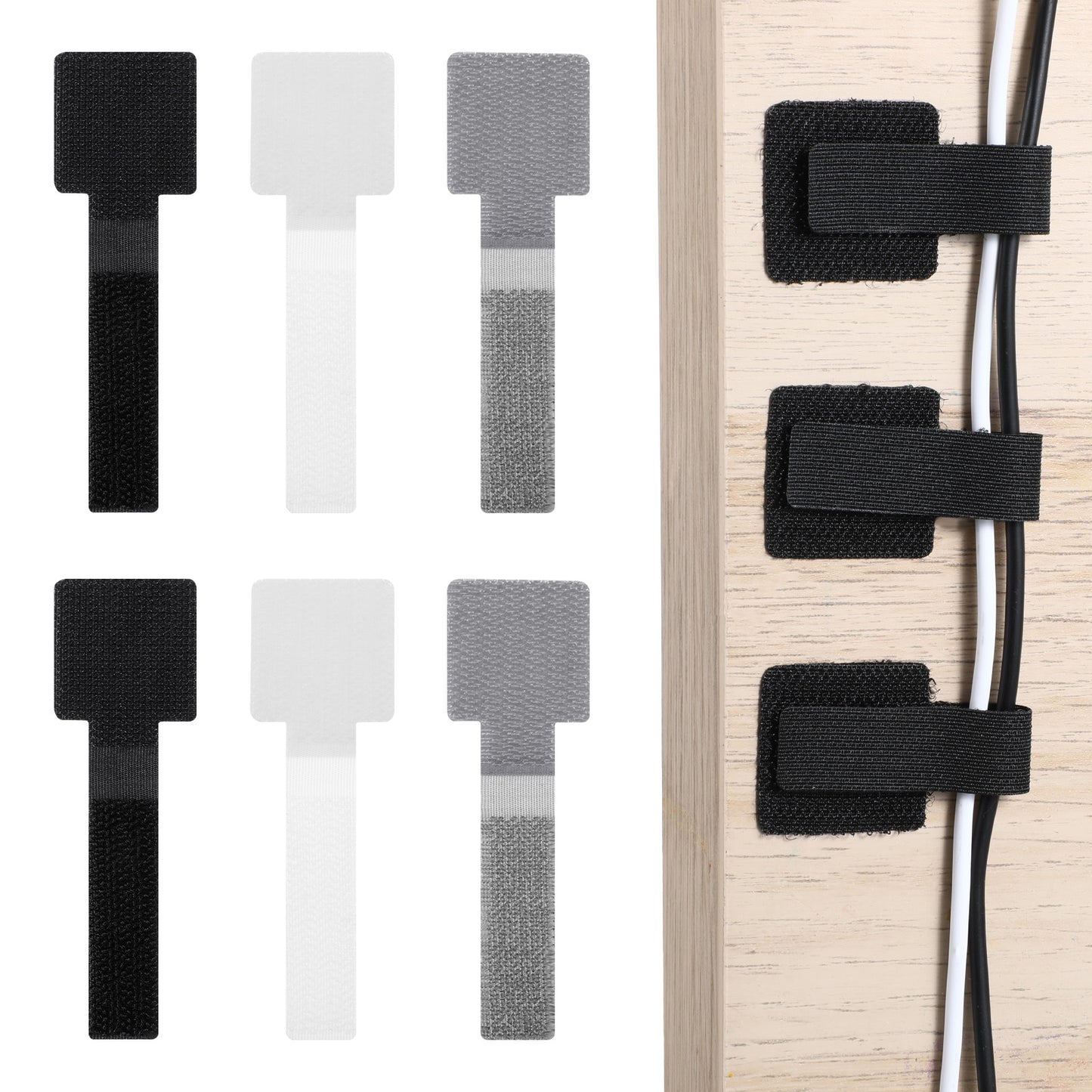 60Pcs Hook and Loop Cable Ties Self Adhesive Cable Straps Reusable Wire Organizers for Cords, Nylon Cables Organizer Clips for Office and Home Use(Silver, Black, White)