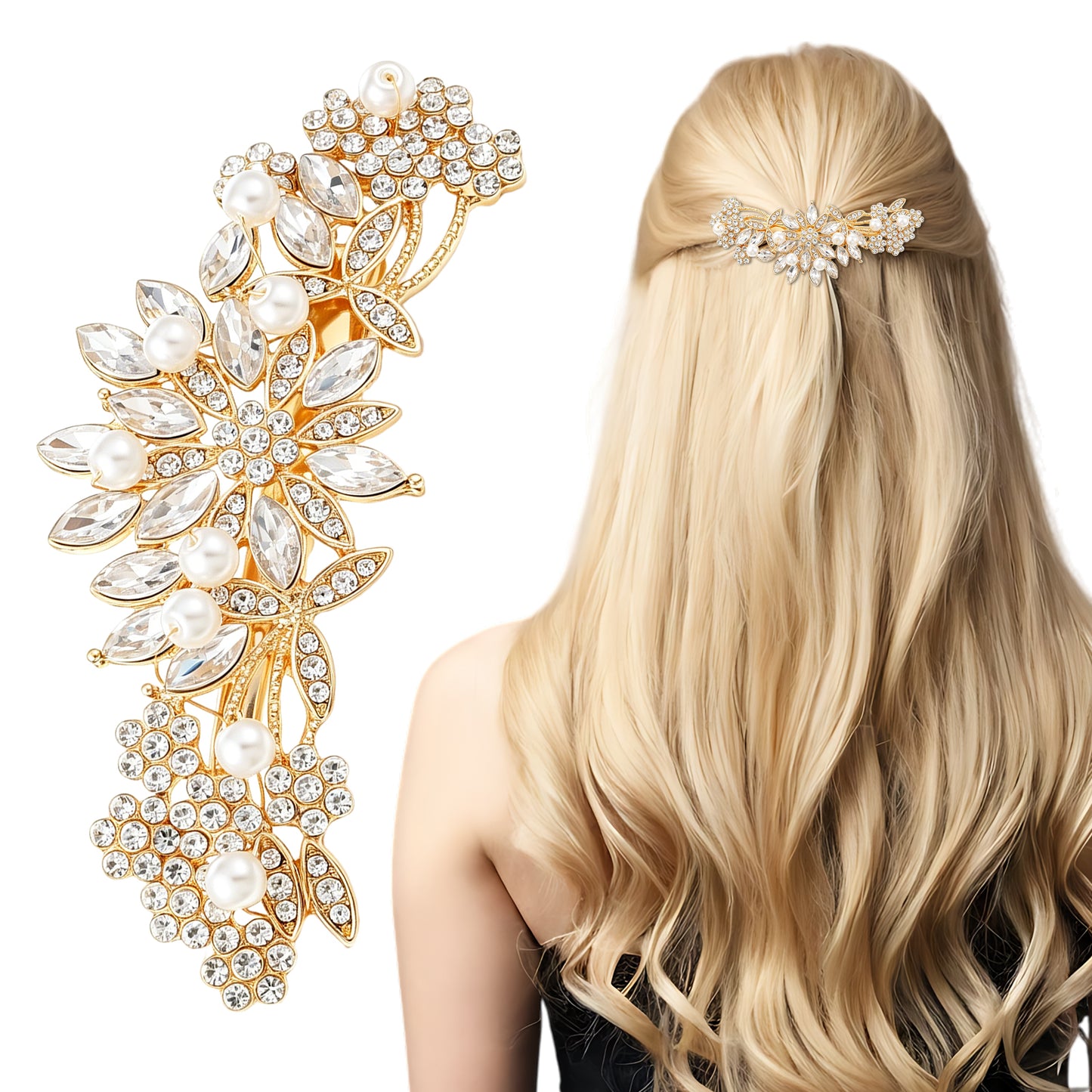 Crystal Pearl Hair Clip, Rhinestone Barrettes, Wedding Prom Hair Accessories Gold with Alligator Clip for Women Bride Bridesmaid