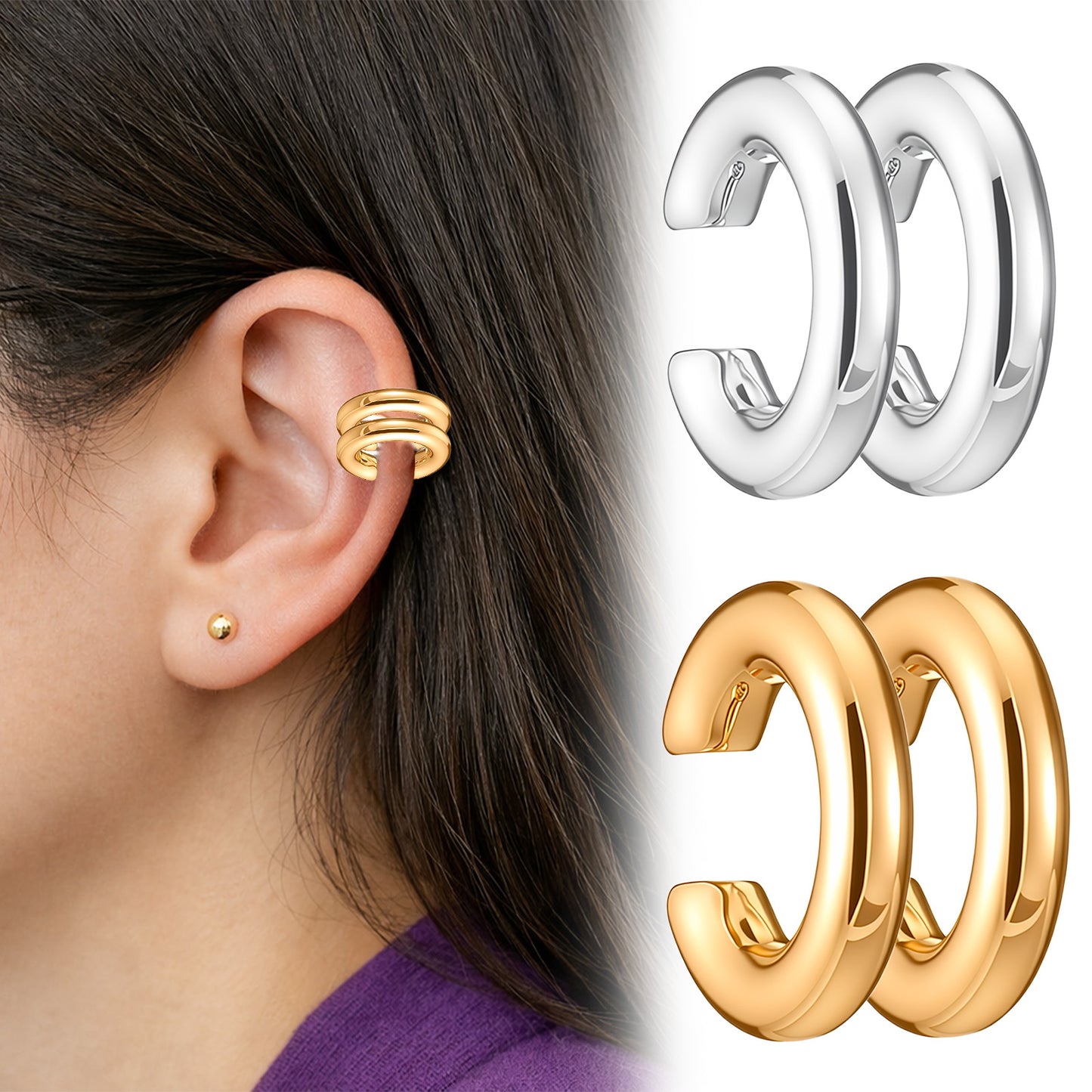 Ear Cuffs for Women Non Piercing - 2 Pairs Chunky Gold Huggie Earrings & Silver Cartilage Cuff Set - Trendy No Piercing Needed Fake Earring Cuff Jewelry Gift