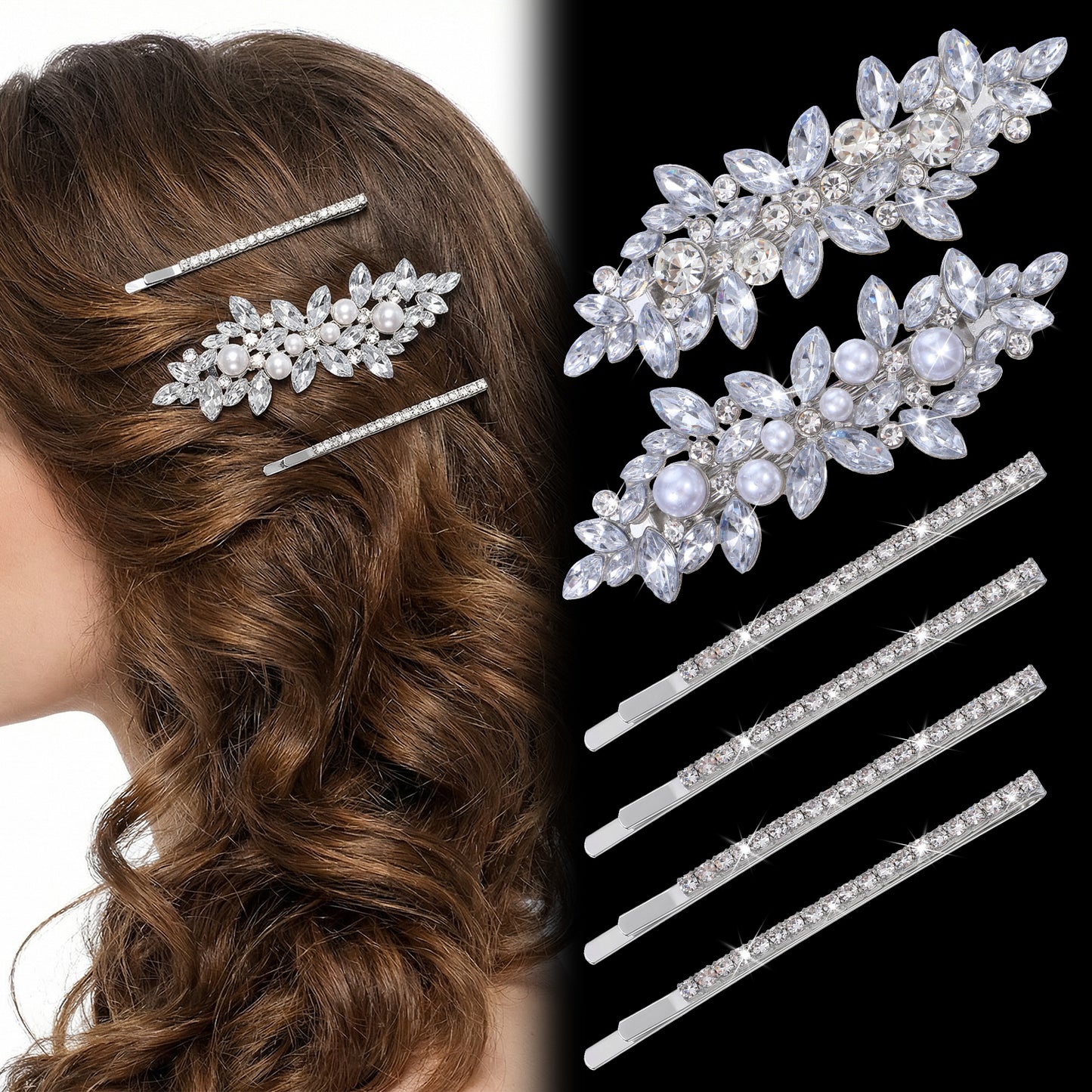 6Pcs Rhinestone Hair Clips for Women 2 Styles Silver Hair Barrettes Sparkly Crystal Pearl Flower Wedding Hair Clips Elegant Hairpins for Women Wedding Party Ceremonies Proms Hair Accessories