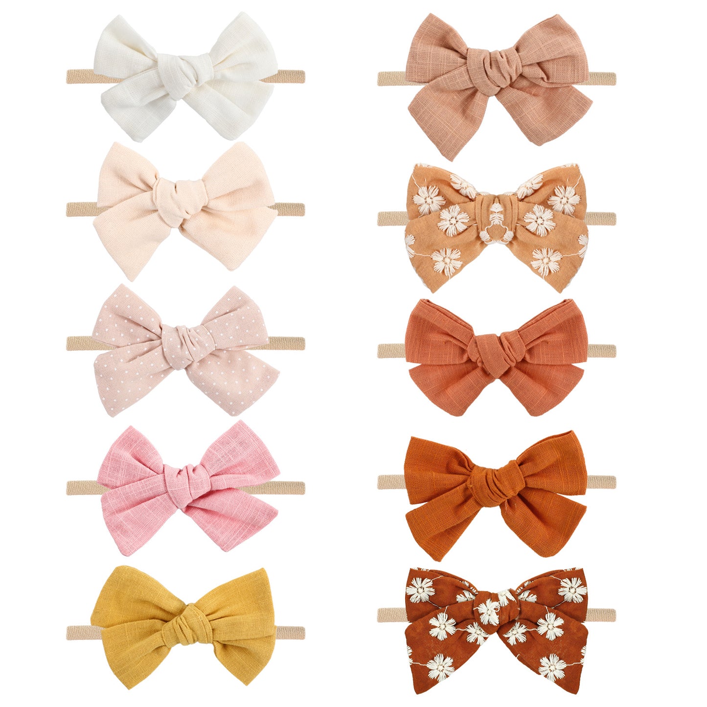 10 Pcs Baby Girl Bows and Headbands, Stretchy Soft Hair Accessories, Handmade Hair Bows for Newborns, Infants, Toddlers, Gentle Earth Tones