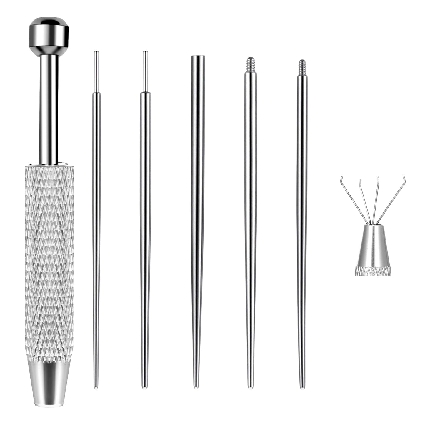 Telooco 6 Pcs Piercing Kit Piercing Ball Grabber Tool and 16G 18G Stainless Steel Piercing Taper Flat Back Earring Insertion Tool Body Piercing Changing Kit for Ear Nose Lip Navel Eyebrow, Silver