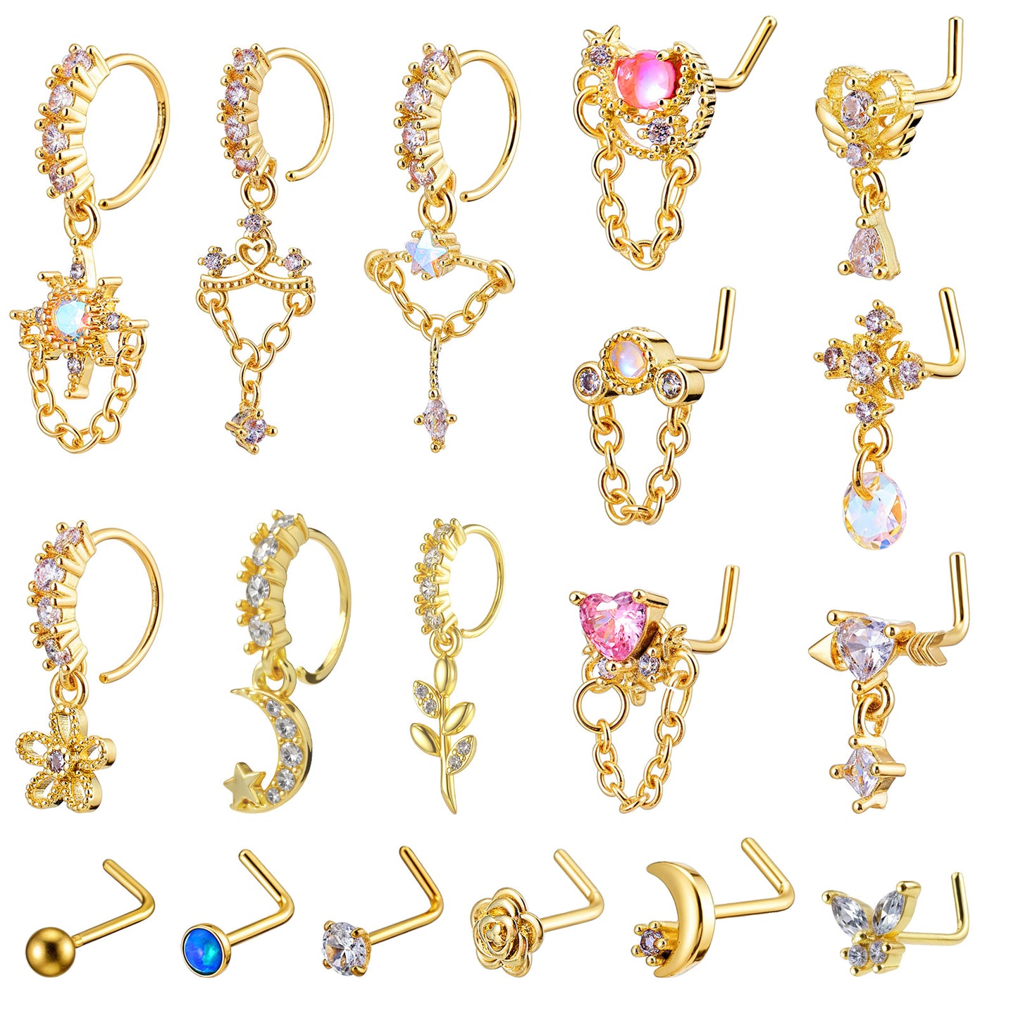 Telooco 18Pcs 20G Dangle Nose Ring Hoop Gold L Shaped Nose Stud with Charm Copper CZ Flower Star Butterfly Heart Dangly Nose Piercing Jewelry for Women