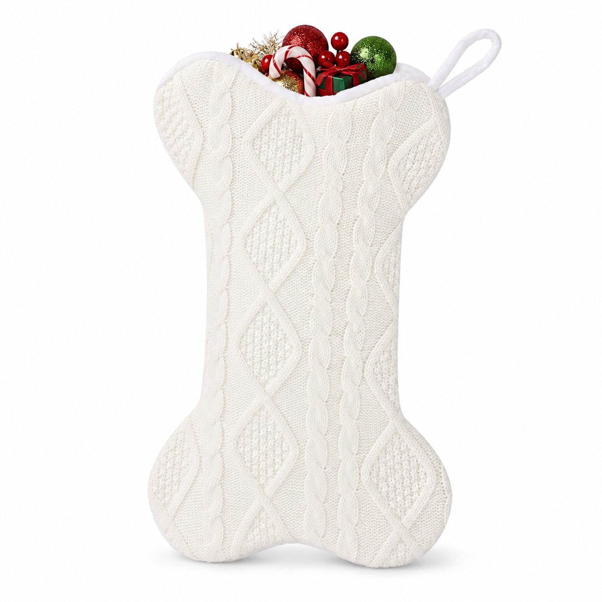 Dog Christmas Stocking, Large Bone Shape Knit Christmas Stockings(White)