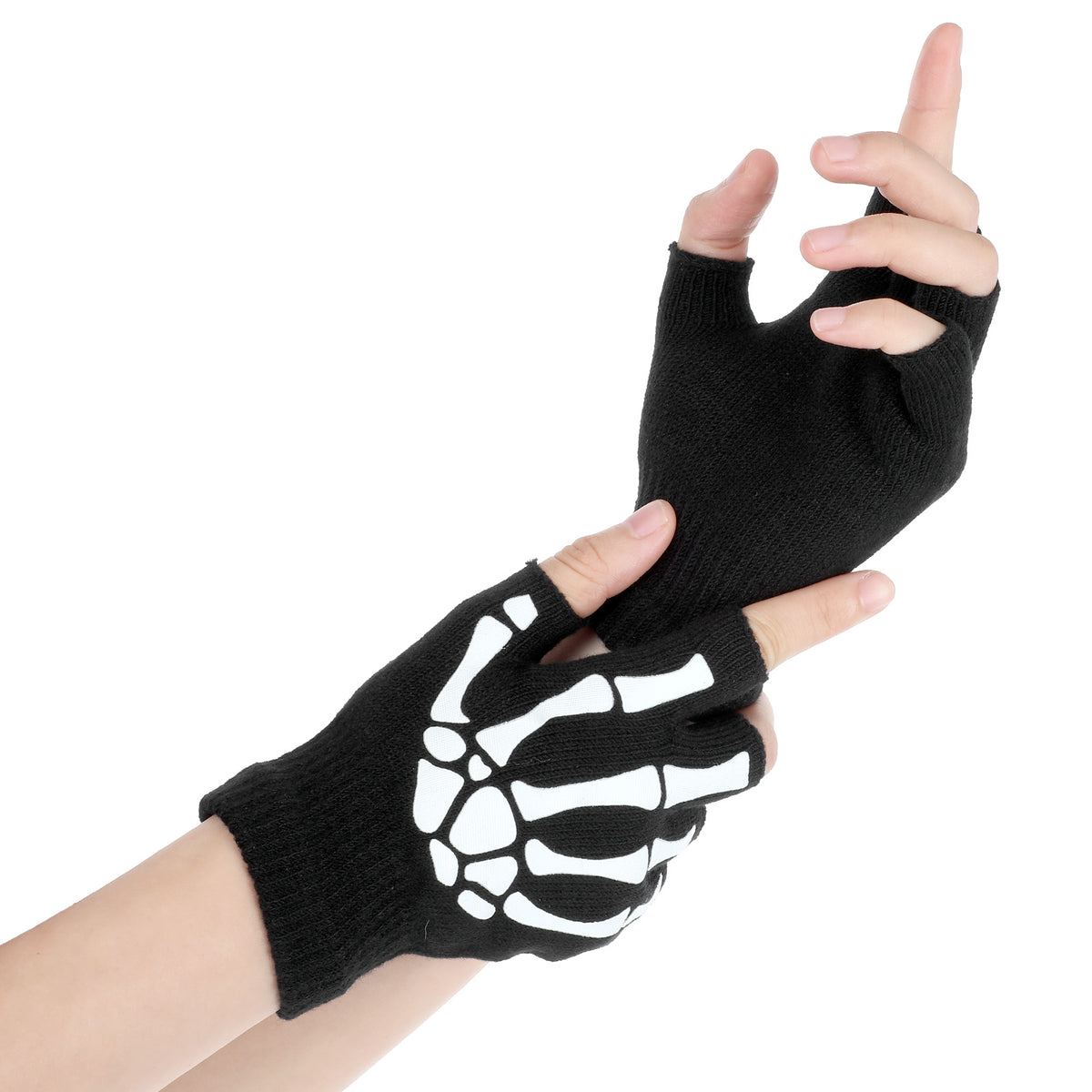 Skeleton Gloves for Women Men, Fingerless Glow in The Dark Halloween Gloves