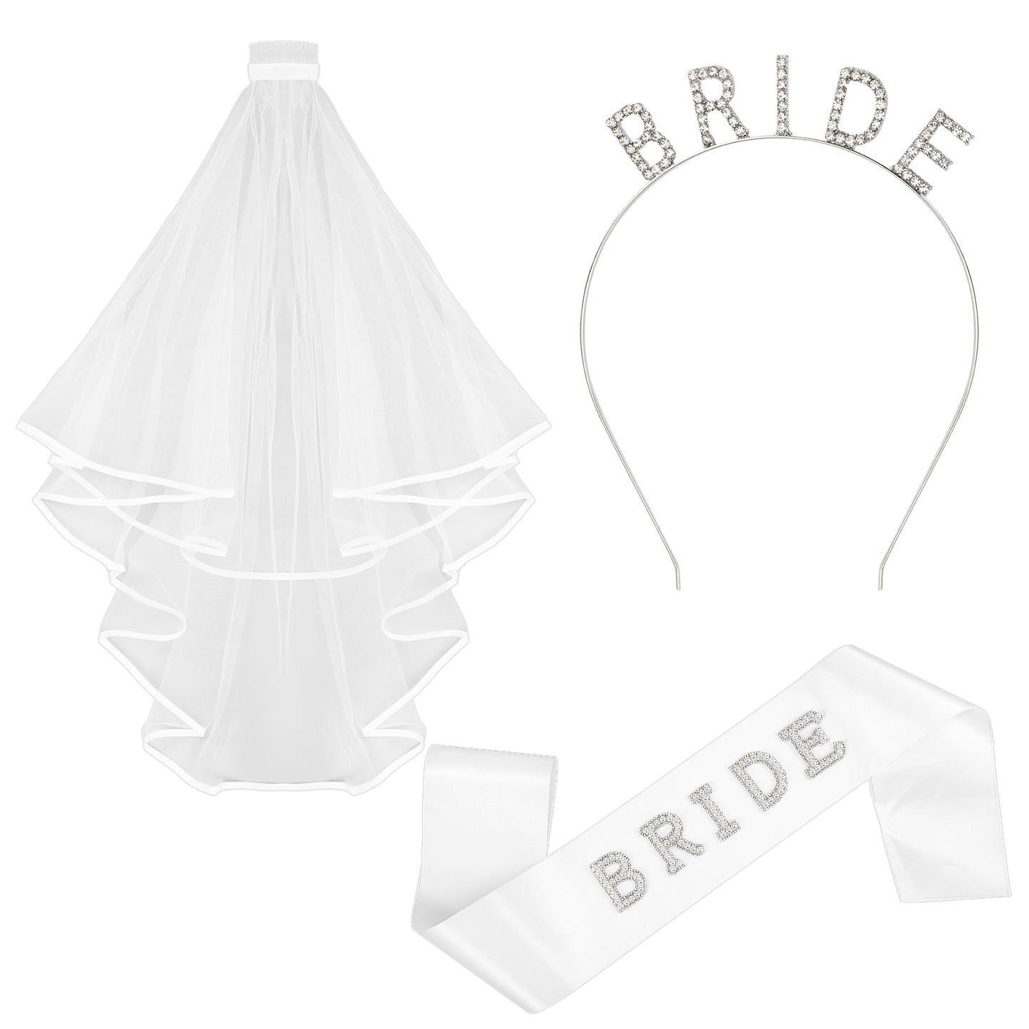 Bride Headband and Sash Veil set, Rhinestone Pearl Bridal Sash and Headband, White Bridal Veil Headpiece for Bachelor/Bachelorette Party Decorations, Bridals Shower Decorations, Wedding Favors