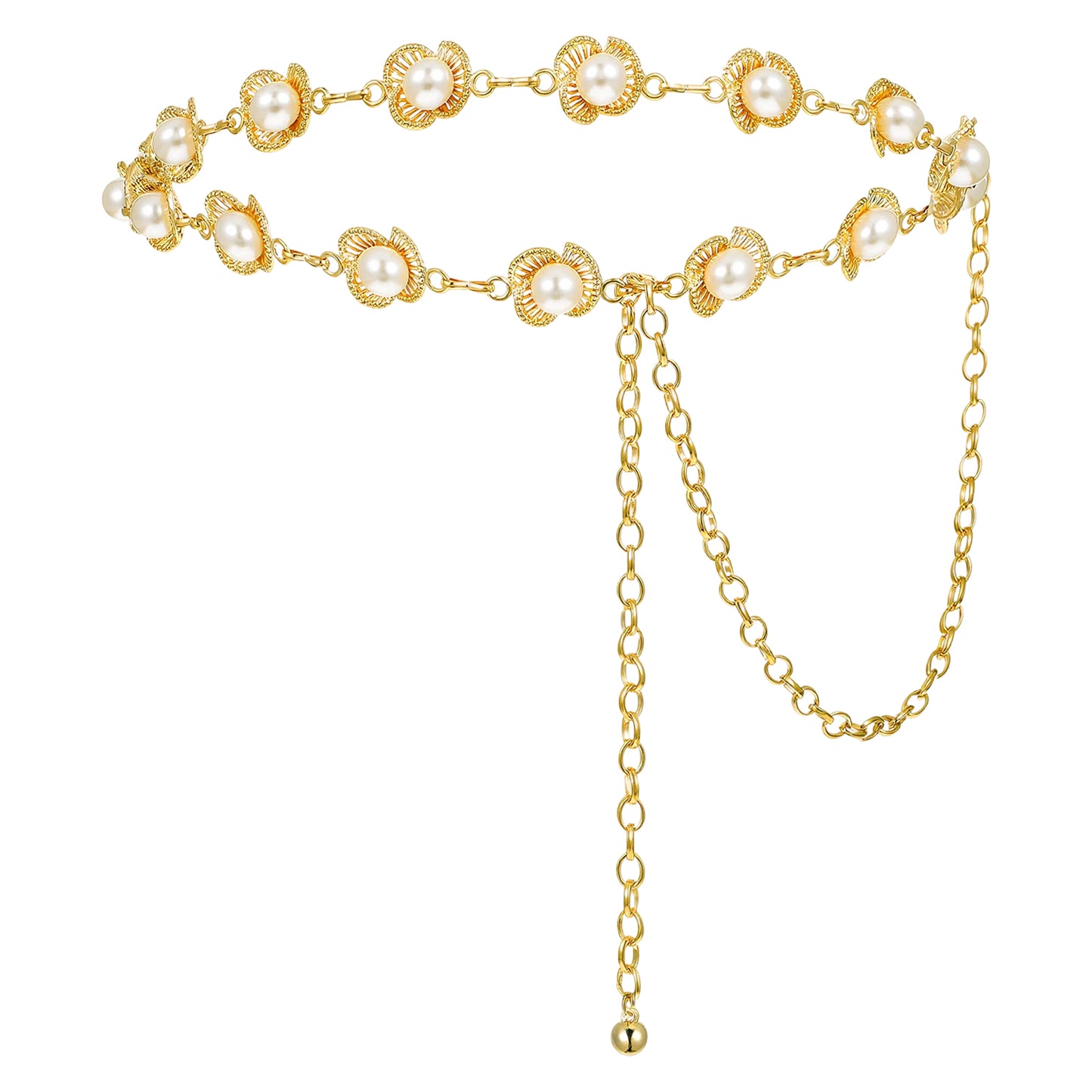 Yolev Flower Gold Waist Chain Adjustable Metal Chain Belt With Pearl Retro Gold Hip Chain for Women Dress Party Carnival Halloween Body Belly Belt