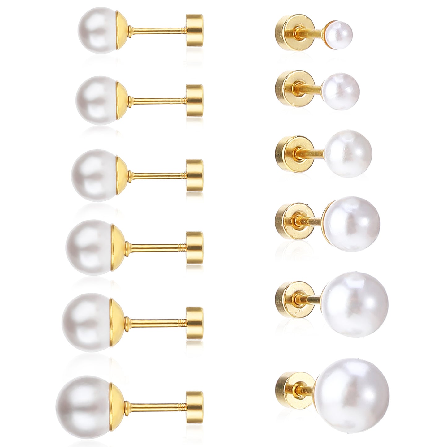 6 Pcs Flat Back Pearl Earrings for Women Gold Cartilage Piercing Earrings Pearl Exquisite Pearls Earring for Gift Giving (3-8mm)
