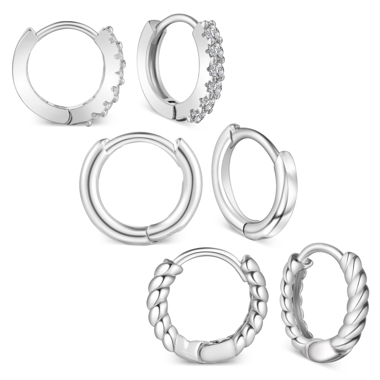 Silver Hoop Earrings For Women, 3 Pairs Small Hoops Set, 8mm Inner Diameter, Sleeper Cartilage Earrings, Minimalist Everyday Jewelry