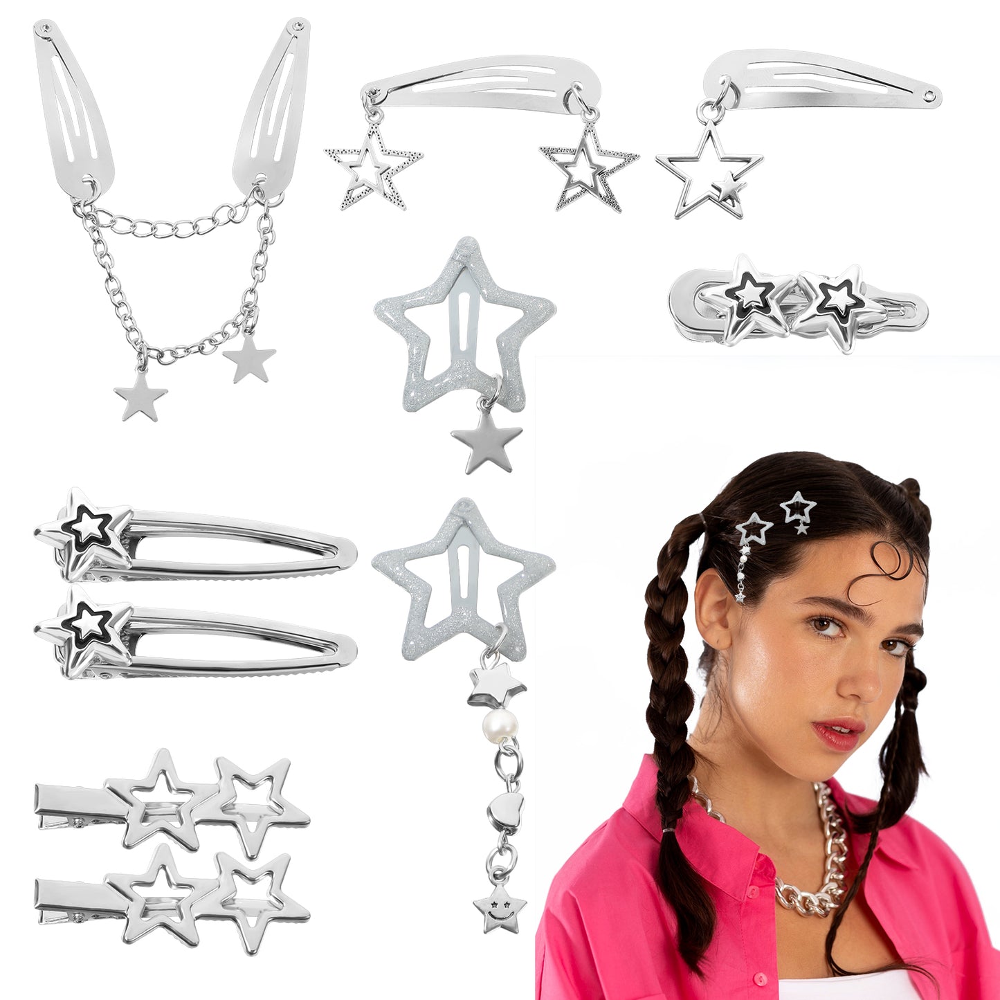 10 Pcs Star Hair Clips Y2K Silver Hair Clips Metal Star Barrettes 8 Shapes Pentagram Hair Snap Clips Star Hairclips Cool Hair Barrettes Hairclip Set for Punk Kawaii 2000s Hair Y2K Accessories