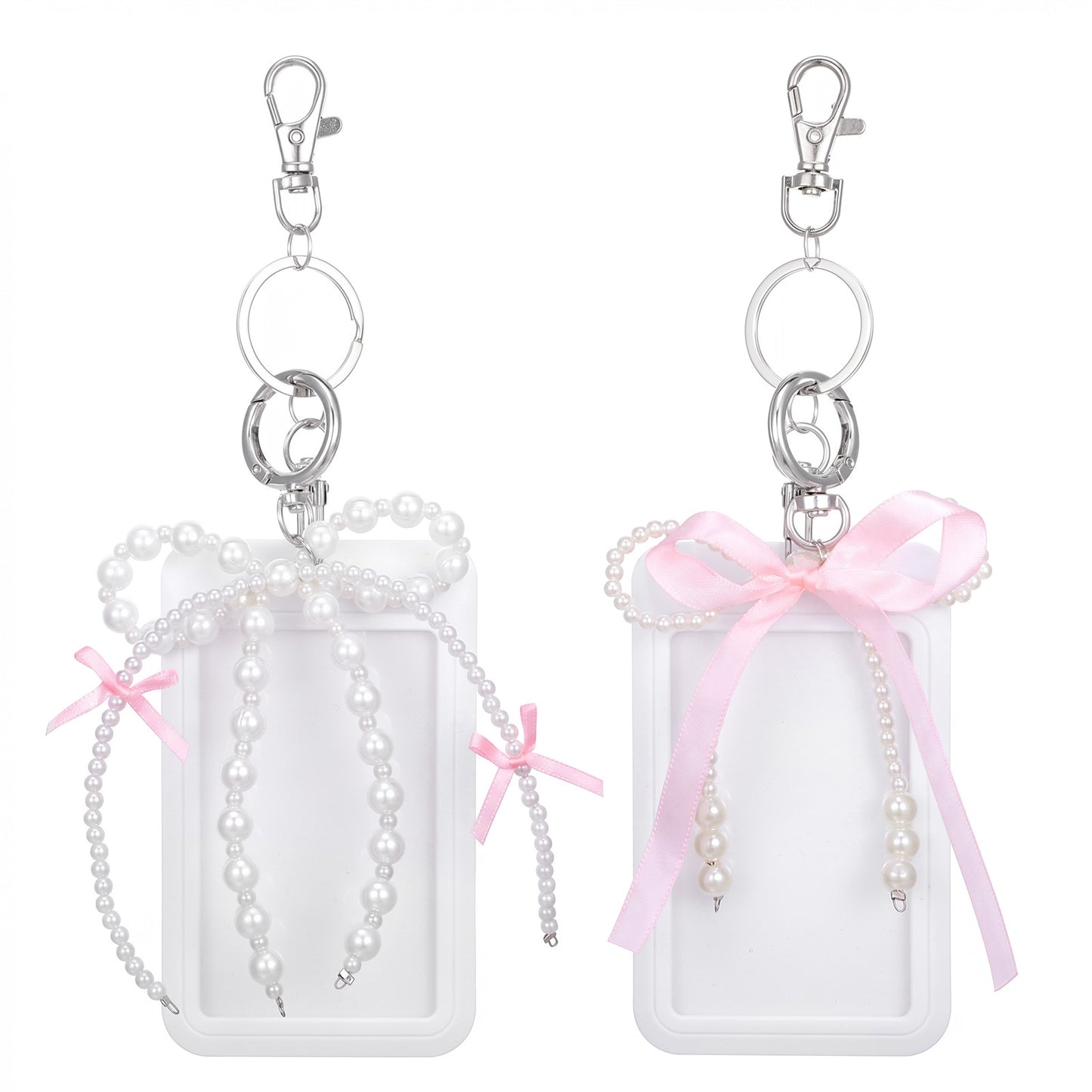 2 Sets Photocard Holder Keychain- White Pearl Bow ID Badge Holder Cute Idol Photo Display Organizer Credit ID Card Protecter, Bus Cards Holders Y2K Accessories