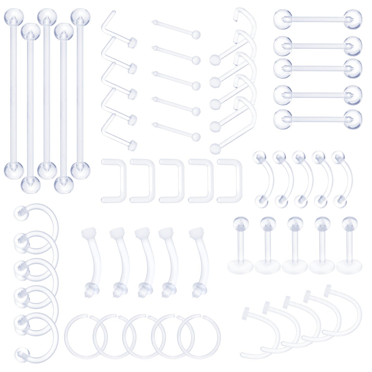 Lusofie 60 Pcs Clear Septum Piercing Kit Clear Piercing Retainer Clear Nose Studs Clear Piercing Jewelry Plastic Nose Rings for Surgery