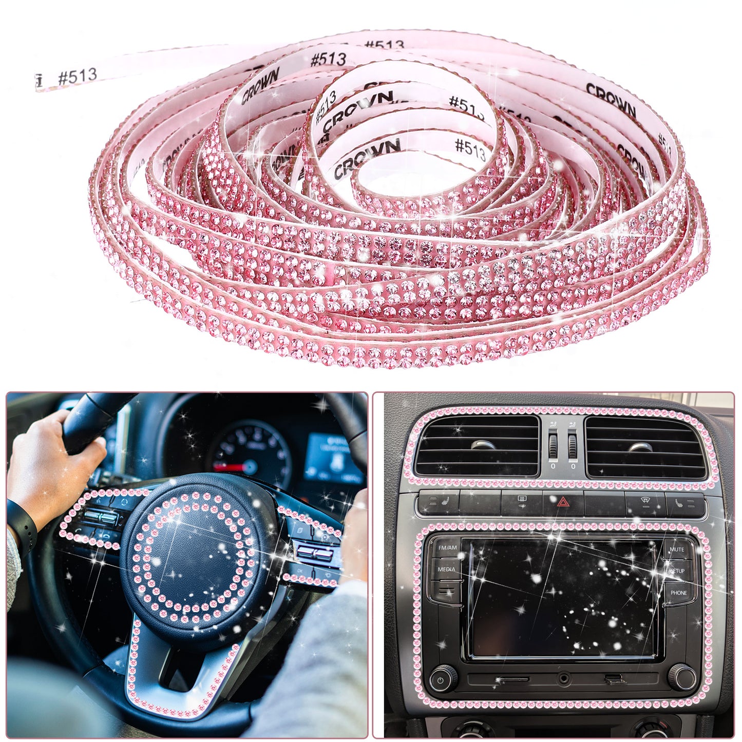 Bling Car Trim Self Adhesive,16.4Ft Rhinestone Auto Dashboard Line Molding Sticker Strips,Car Bling Interior Exterior Decoration,Car Accessories for Women (Pink)