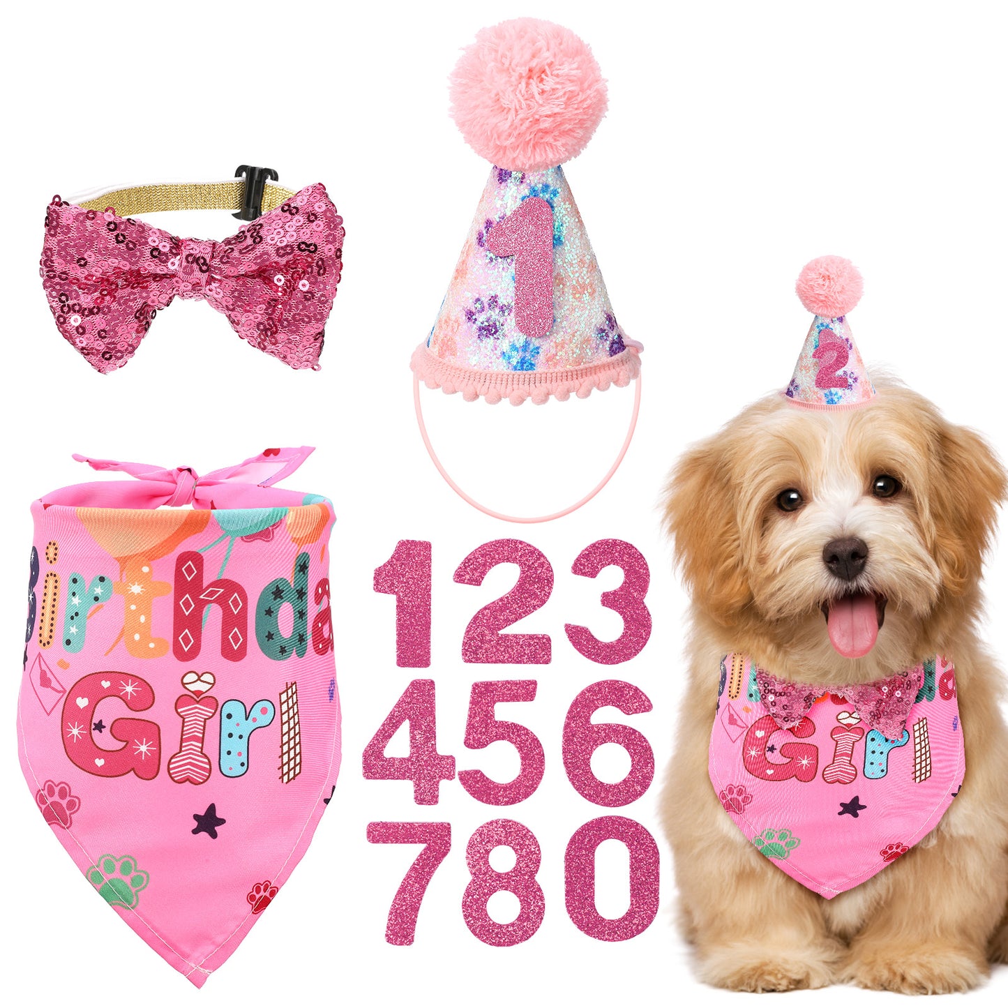 Dog Birthday Bandana, "Birthday Girl" Dog Birthday Hat Girl Dogs Party Birthdays Numbers Hat Bow Tie for Pet Puppy Cat Birthdays Party Decorations, Pet Costumes Headwear Accessories(Pink F)