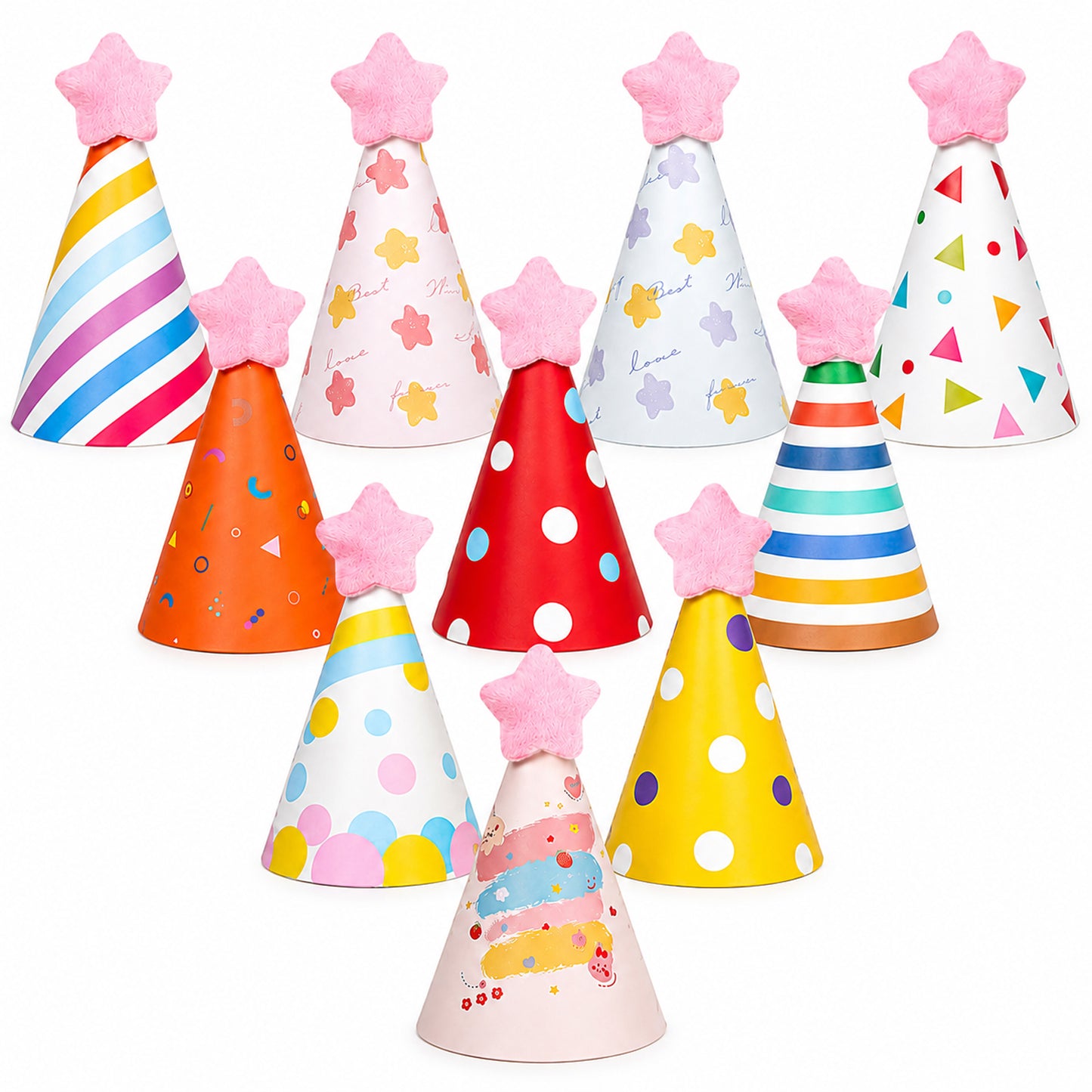 10pcs Colorful Mini Party Hats, Cute Dog Party Hats with Star Pom Poms for Kittens Rabbits Dogs and Stuffed Animals, Adjustable Cone Hat for Birthdays and Celebrations